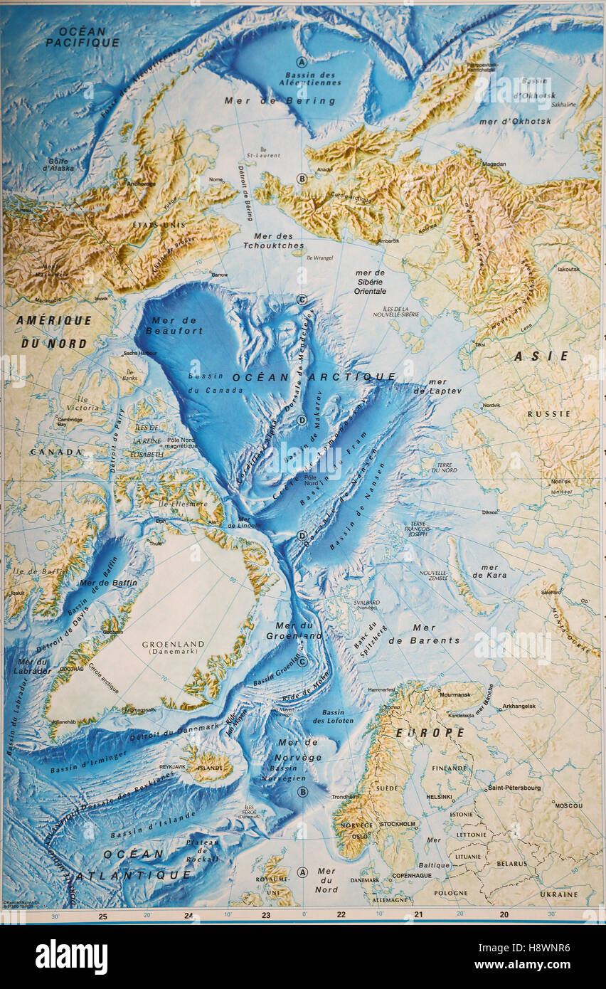 Arctic Ocean map with North Pole and Arctic Circle. Arctic region map with countries, national borders, rivers and lakes Stock Photo