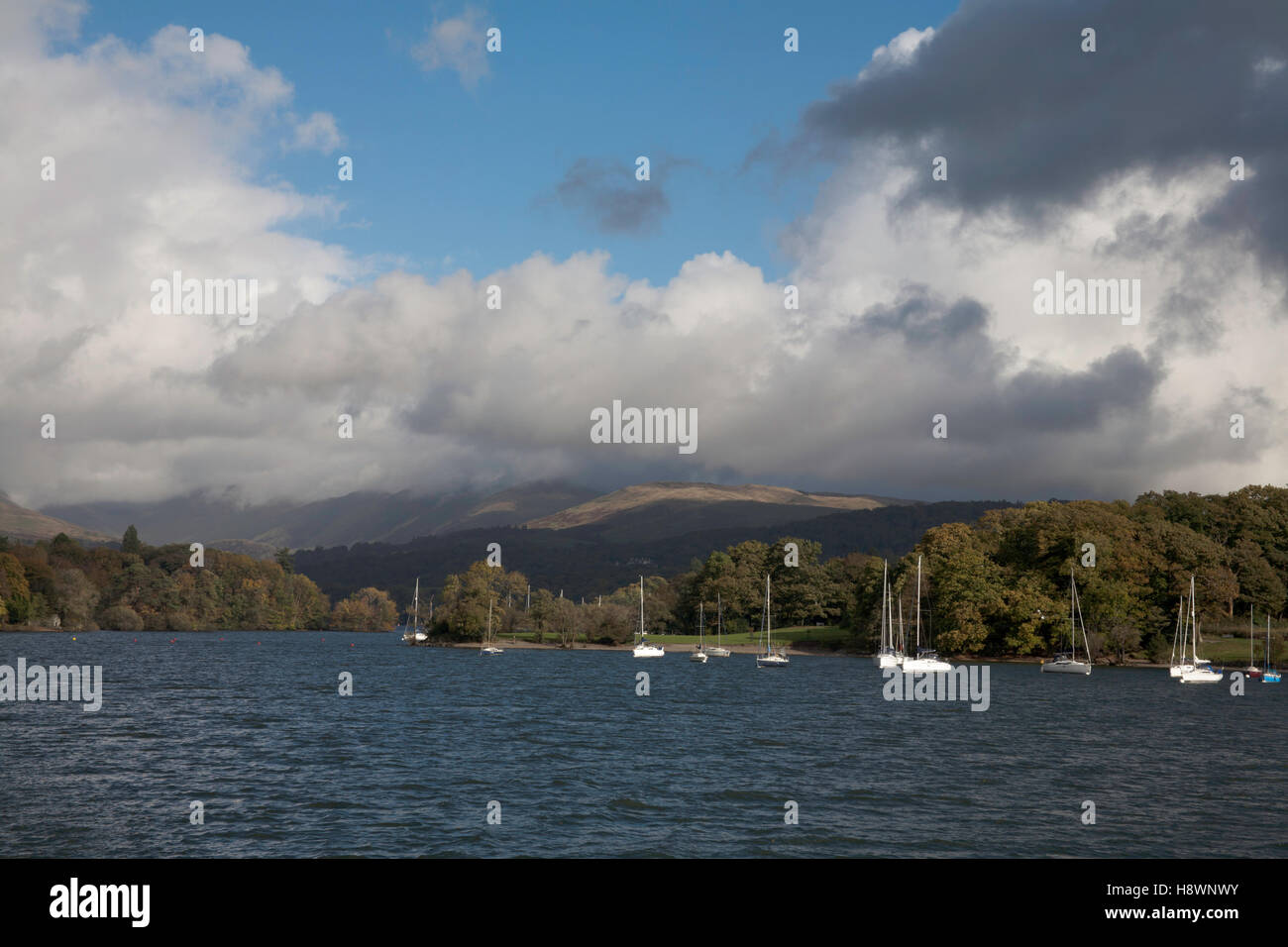 Storm clouds passing across the mountains to the north of Windermere