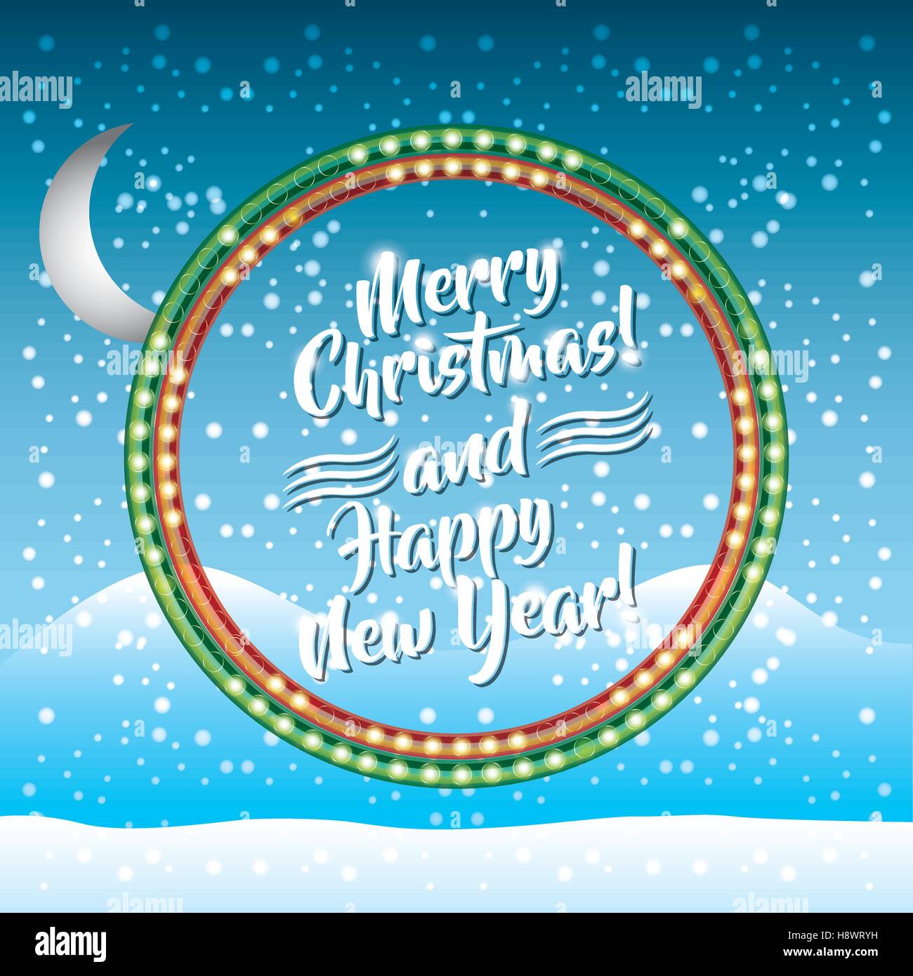 merry christmas and happy new year card with decoration icons over snow ...