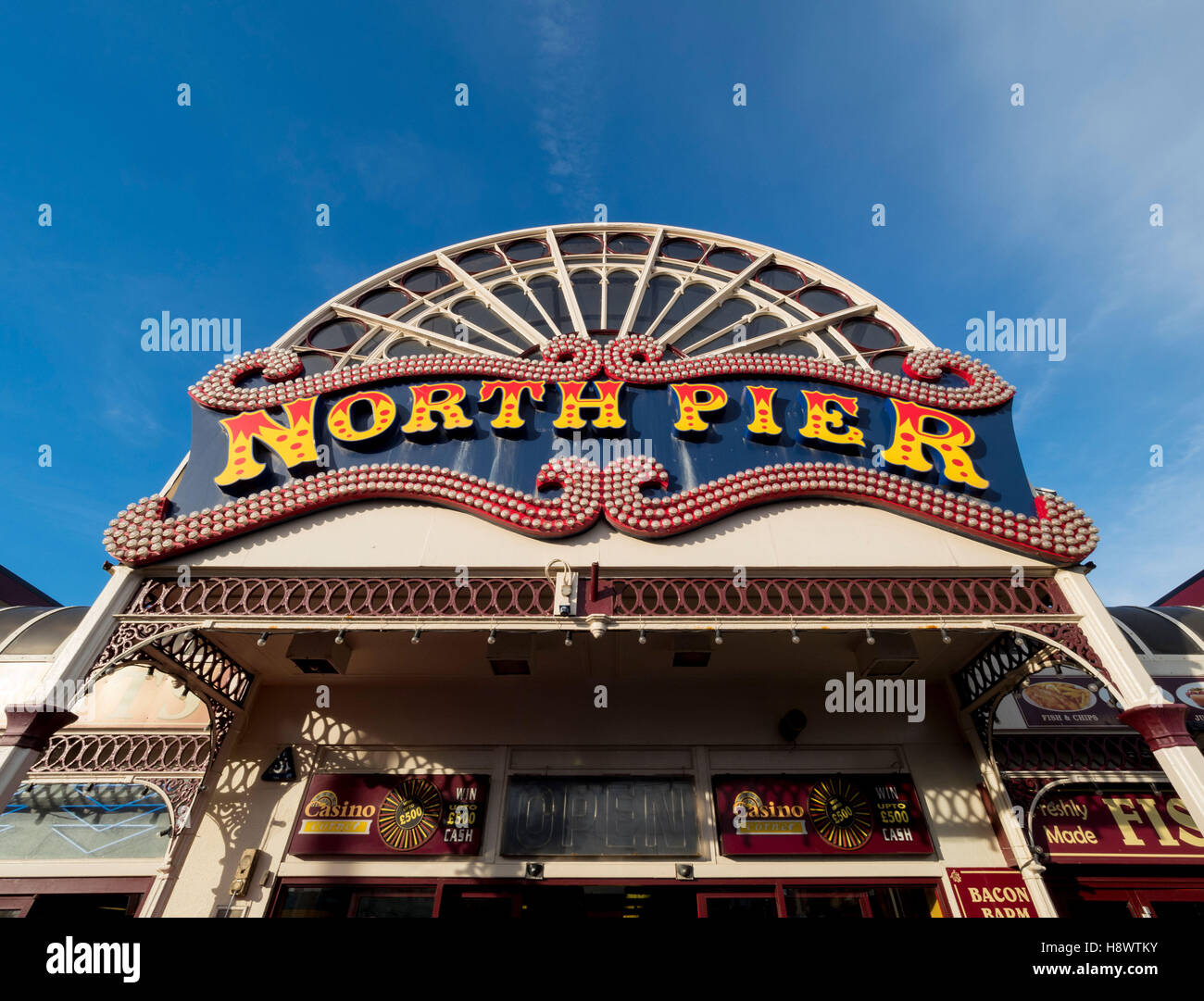 North Pier sign above entrance, Blackpool, Lancashire, UK. Stock Photo