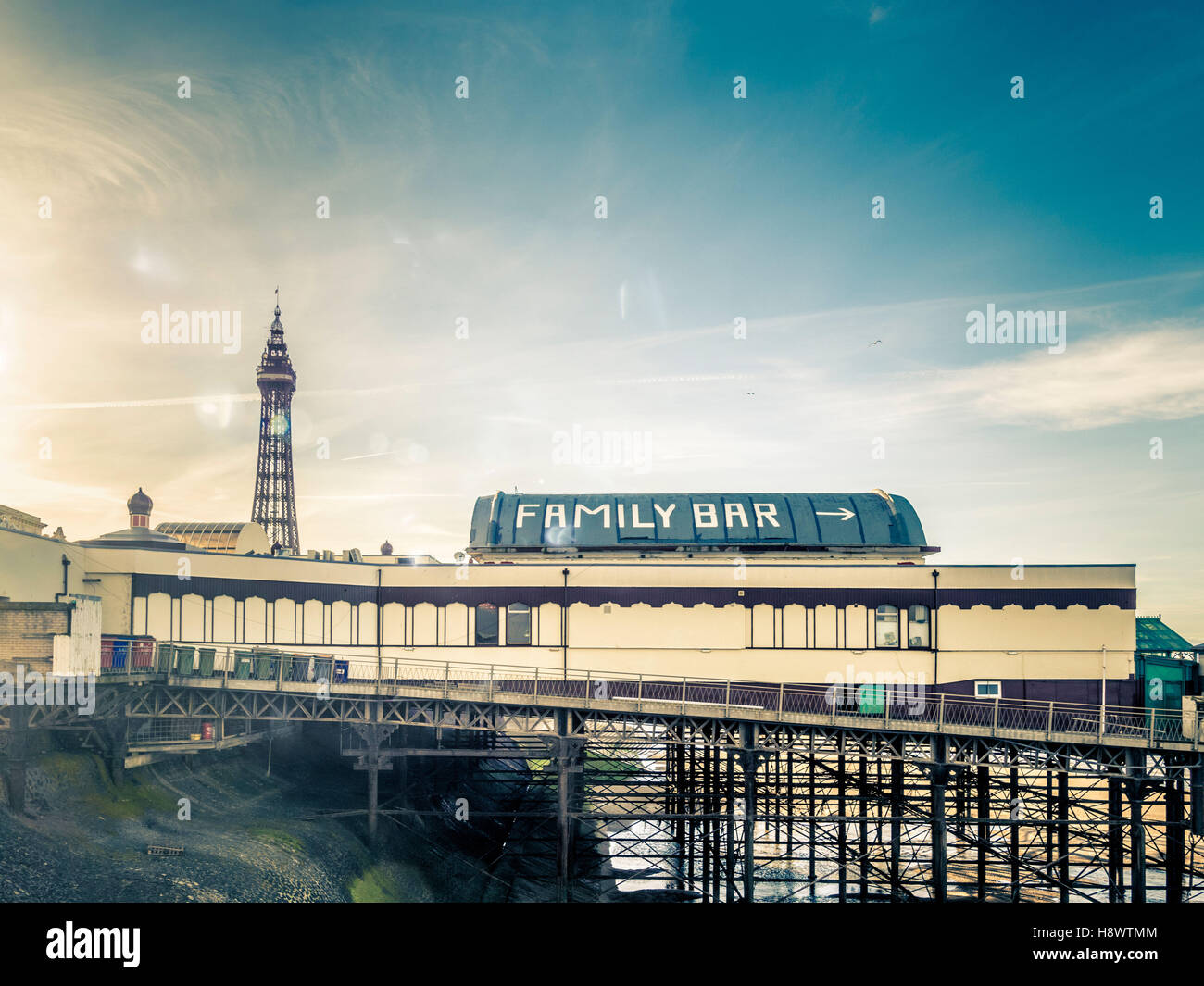 Family Bar sign on North Pier with Tower in distance, Blackpool, Lancashire, UK. Stock Photo