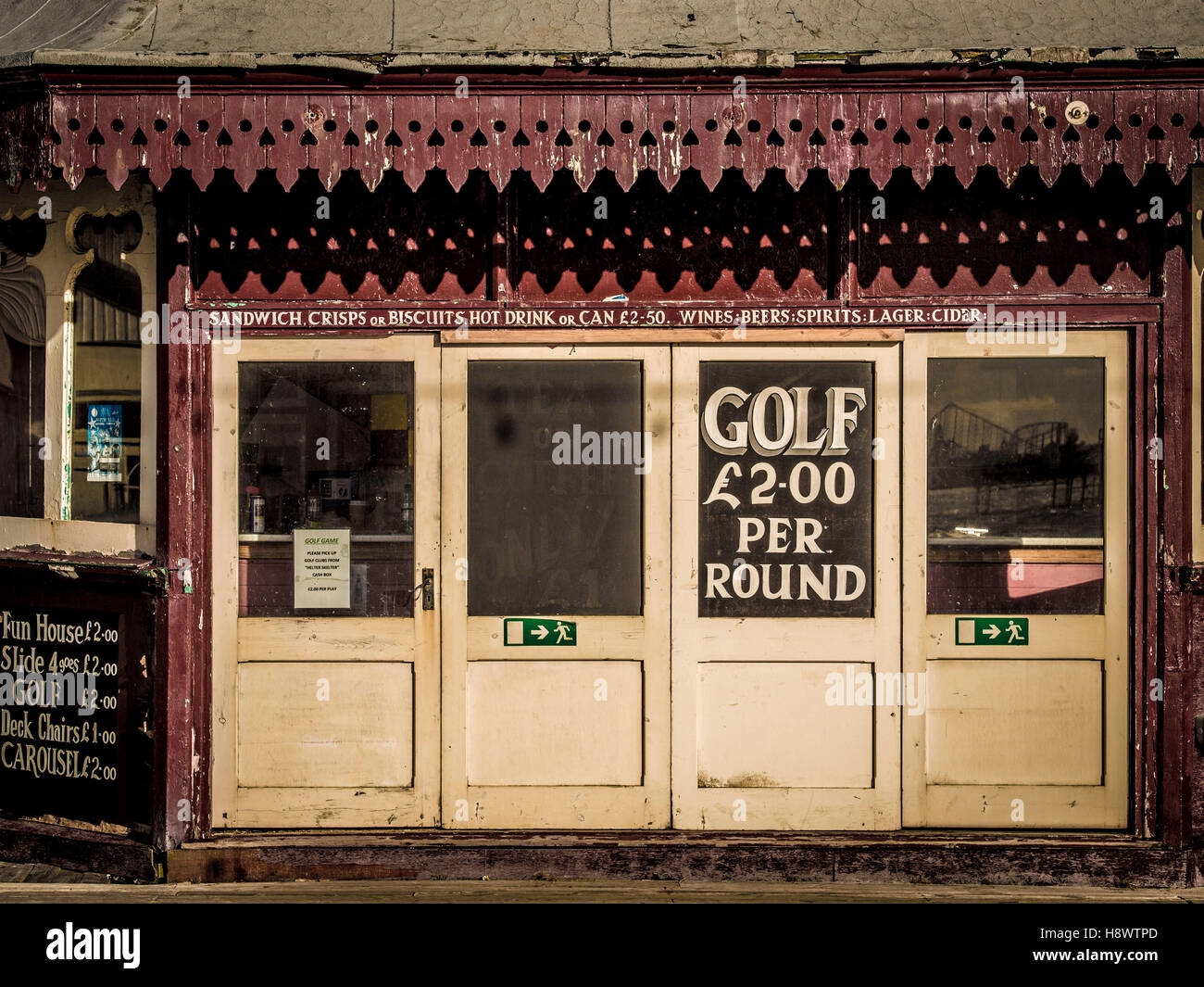 Closed golf kiosk on North Pier, Blackpool, Lancashire, UK. Stock Photo
