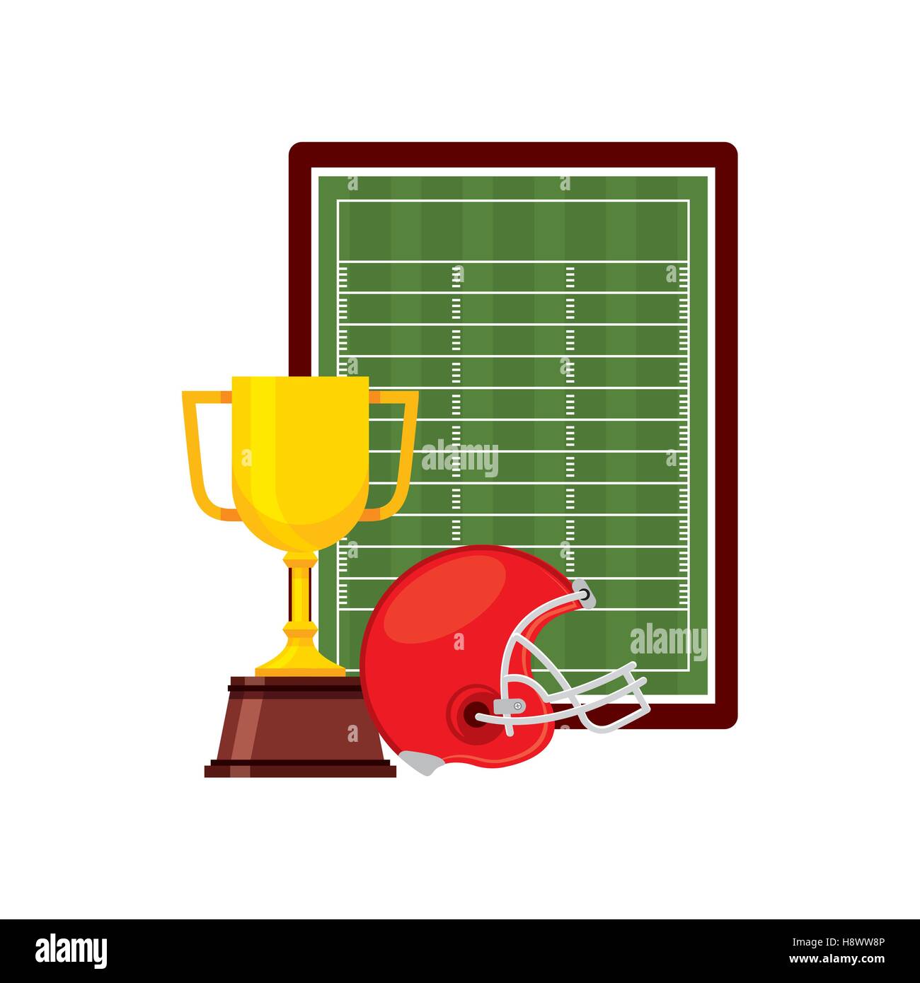 American Football Trophy Cup With Red Helmet And Green Field Stock