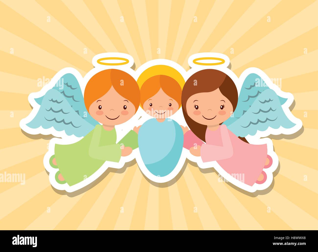 Cartoon Baby Jesus With Angels Over Yellow Background Colorful Design