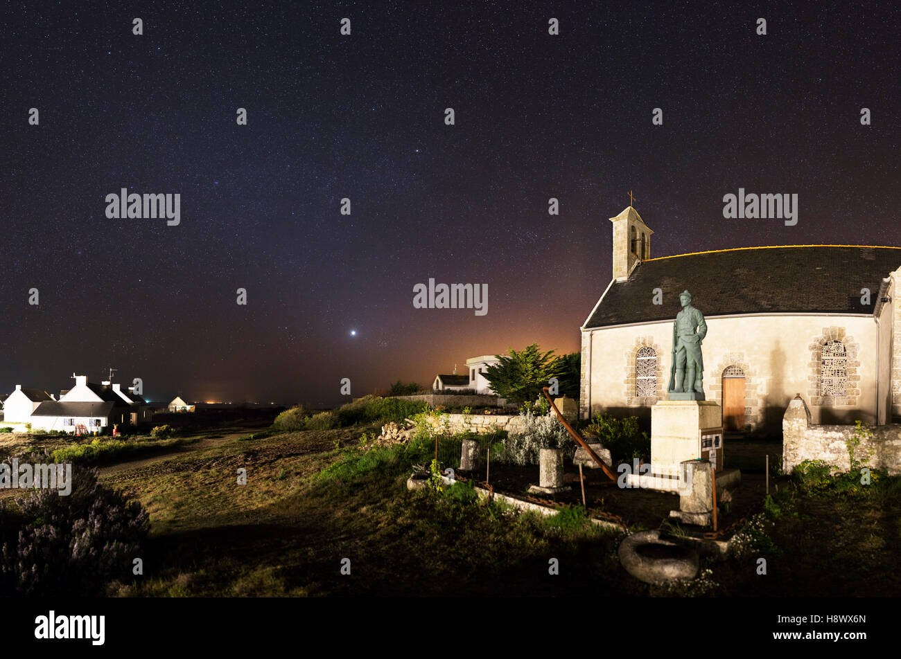Zodiacal Light and Church H?dic - Brittany France Stock Photo