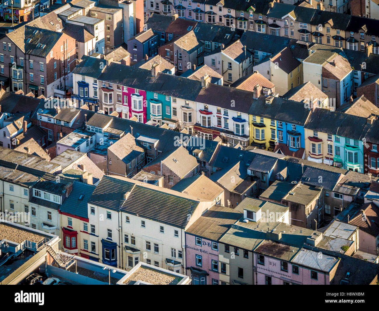 Rows of colourful guest houses and B&B's, Blackpool, Lancashire, UK. Blackpool, Lancashire, UK. Stock Photo