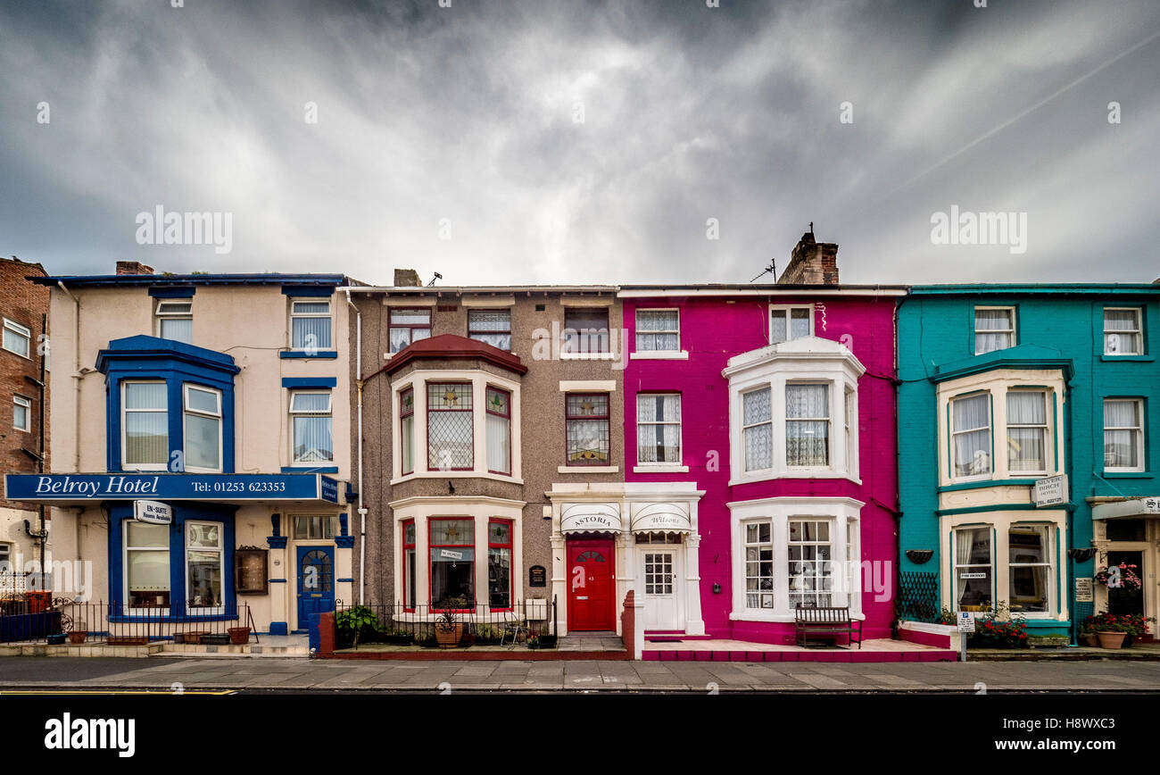 Colourful painted guest houses and B&B's in Hull Road, Blackpool, Lancashire, UK. Stock Photo