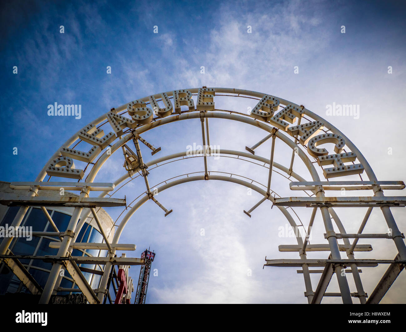 Pleasure Beach sign, Blackpool, Lancashire, UK. Stock Photo