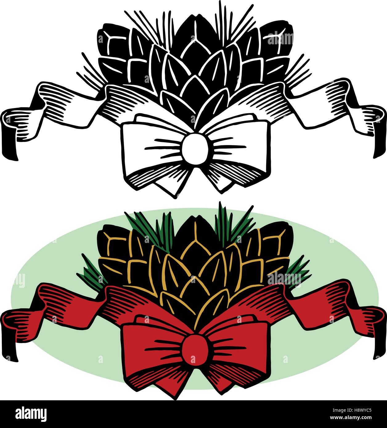 Christmas pine cones with a red bow and ribbon Stock Vector