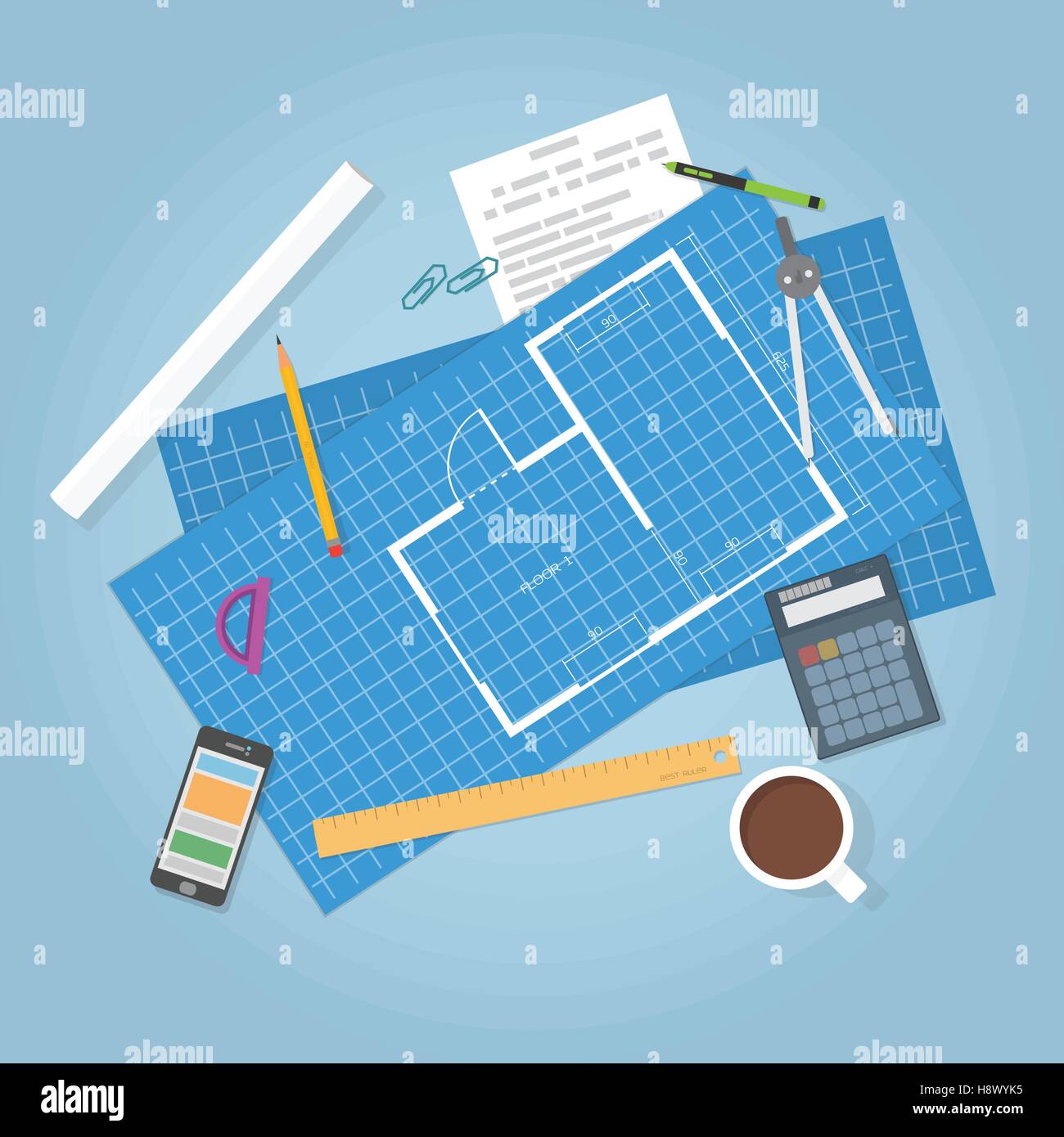 Architectural planning. Top view. Flat items, builder blueprints of