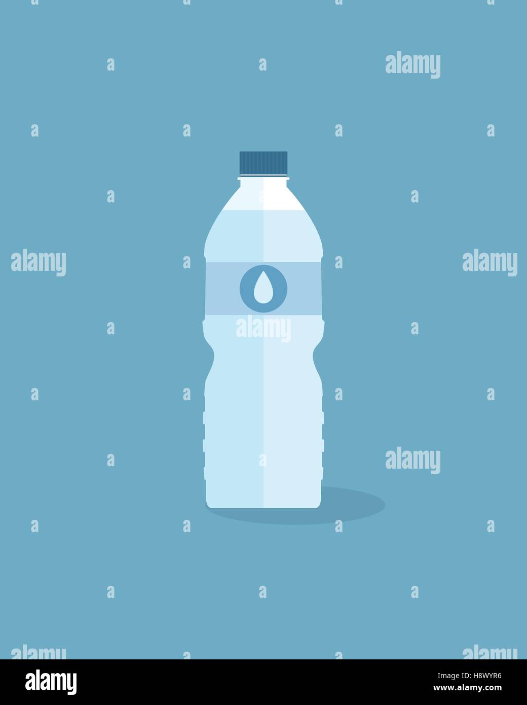 Flat bottle of fresh water with cap and water drop label. Stock Vector