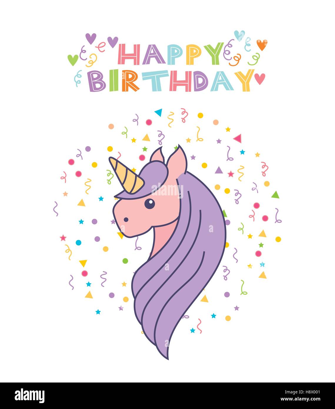 happy birthday card with cute unicorn icon over white background ...