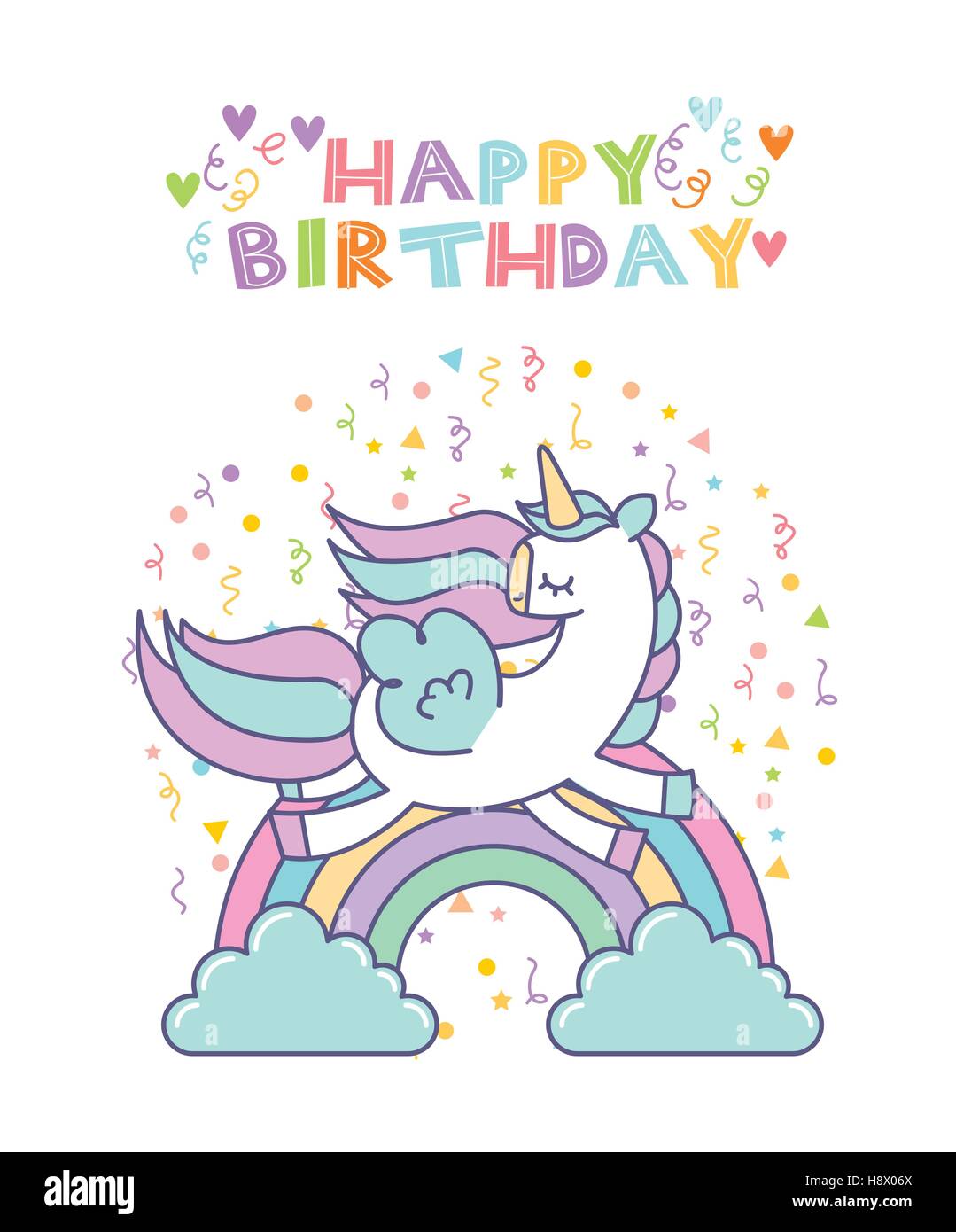 happy birthday card with cute unicorn icon over white background ...