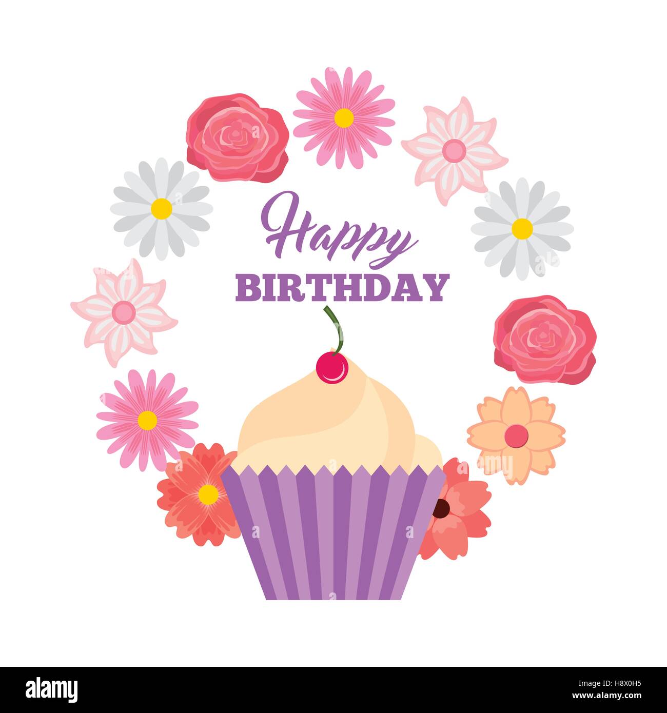 Happy Birthday Flower Cupcake Images Happy Birthday Card With Sweet Cupcake Icon Around Wreath Flowers Over  White Background. Colorful Design. Vector Illustration Stock Vector Image &  Art - Alamy