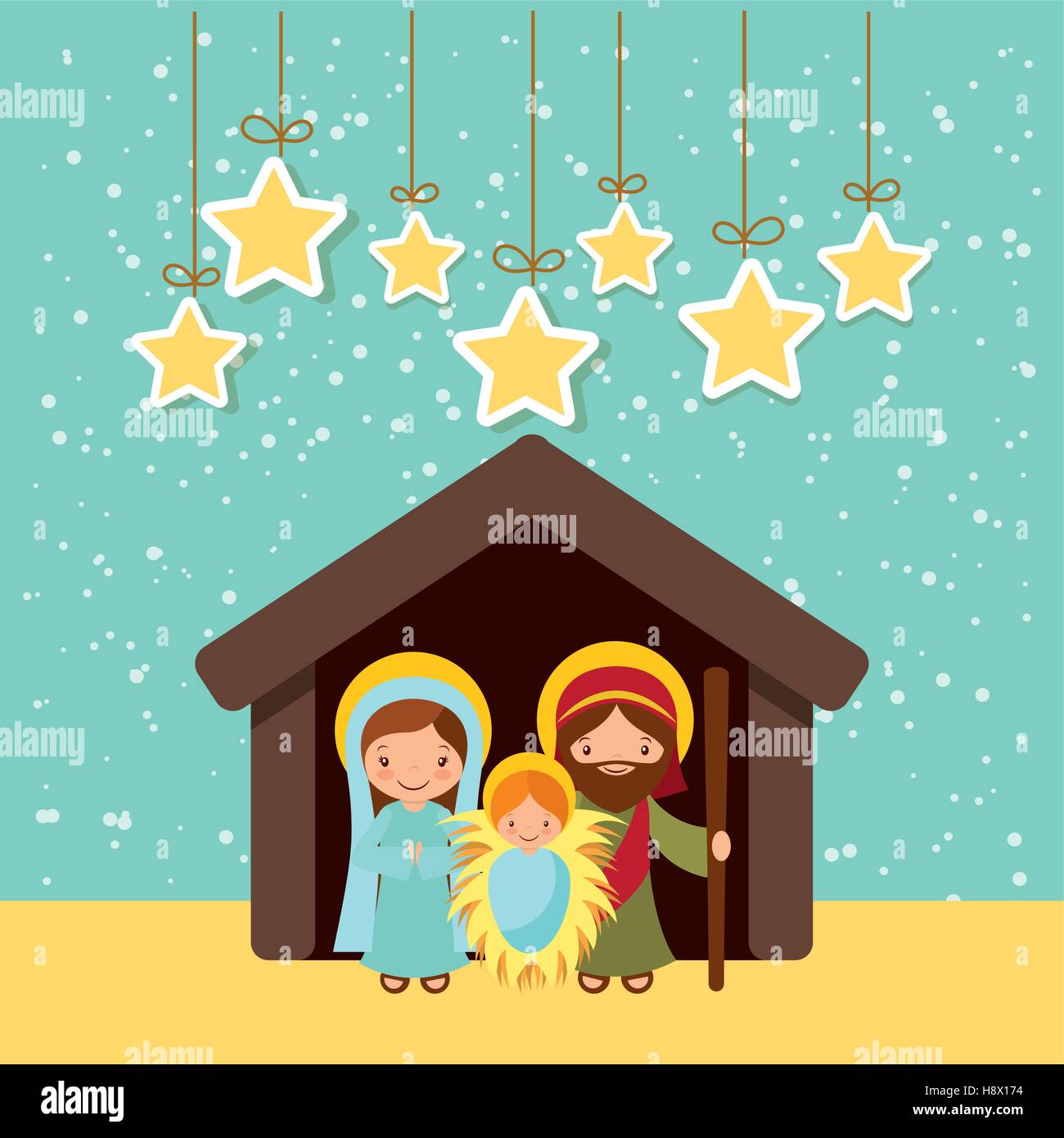 holy family manger scene and decorative stars hanging merry christmas colorful design vector illustration