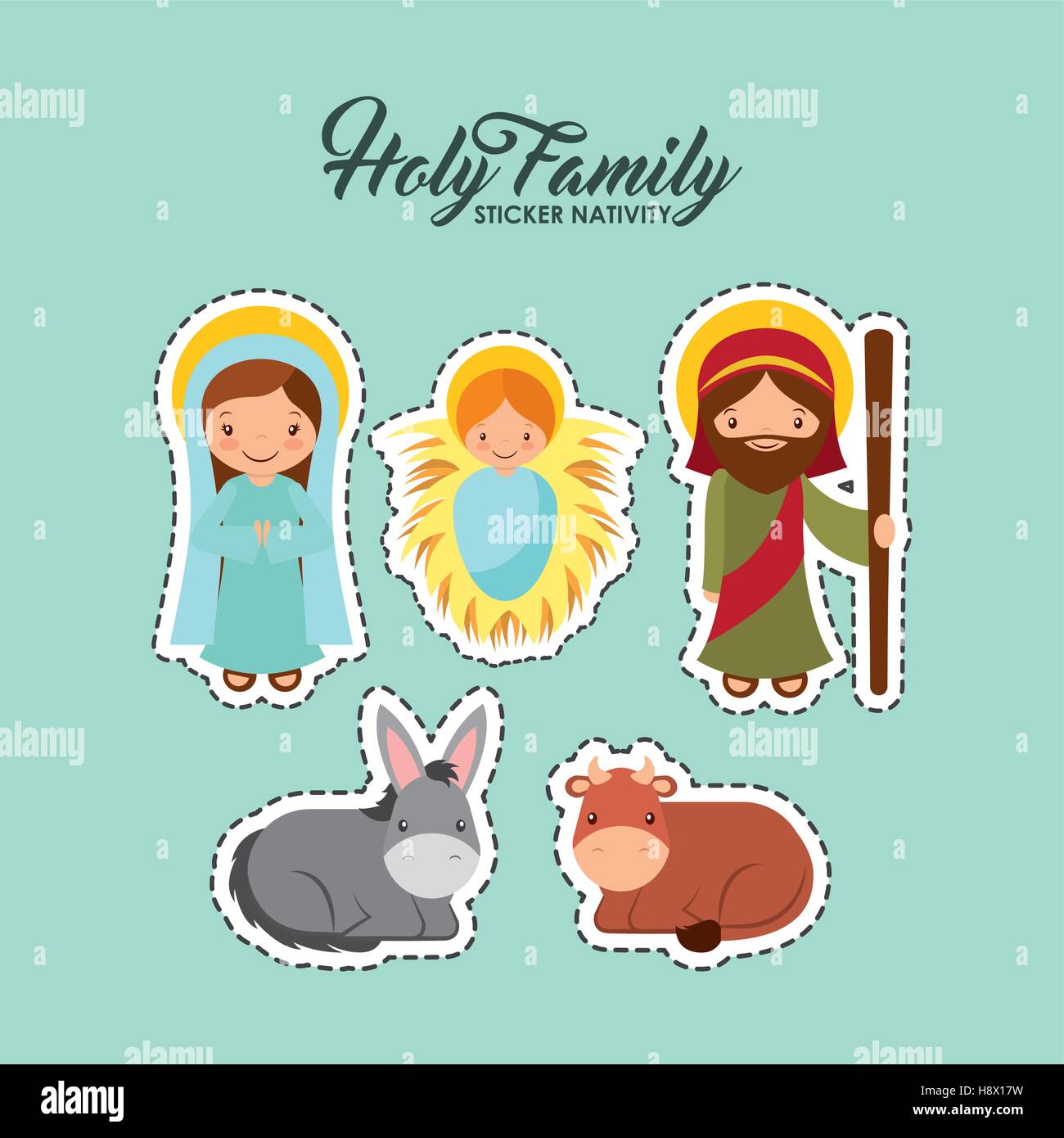 sticker nativity of holy family manger scene merry christmas colorful design vector illustration