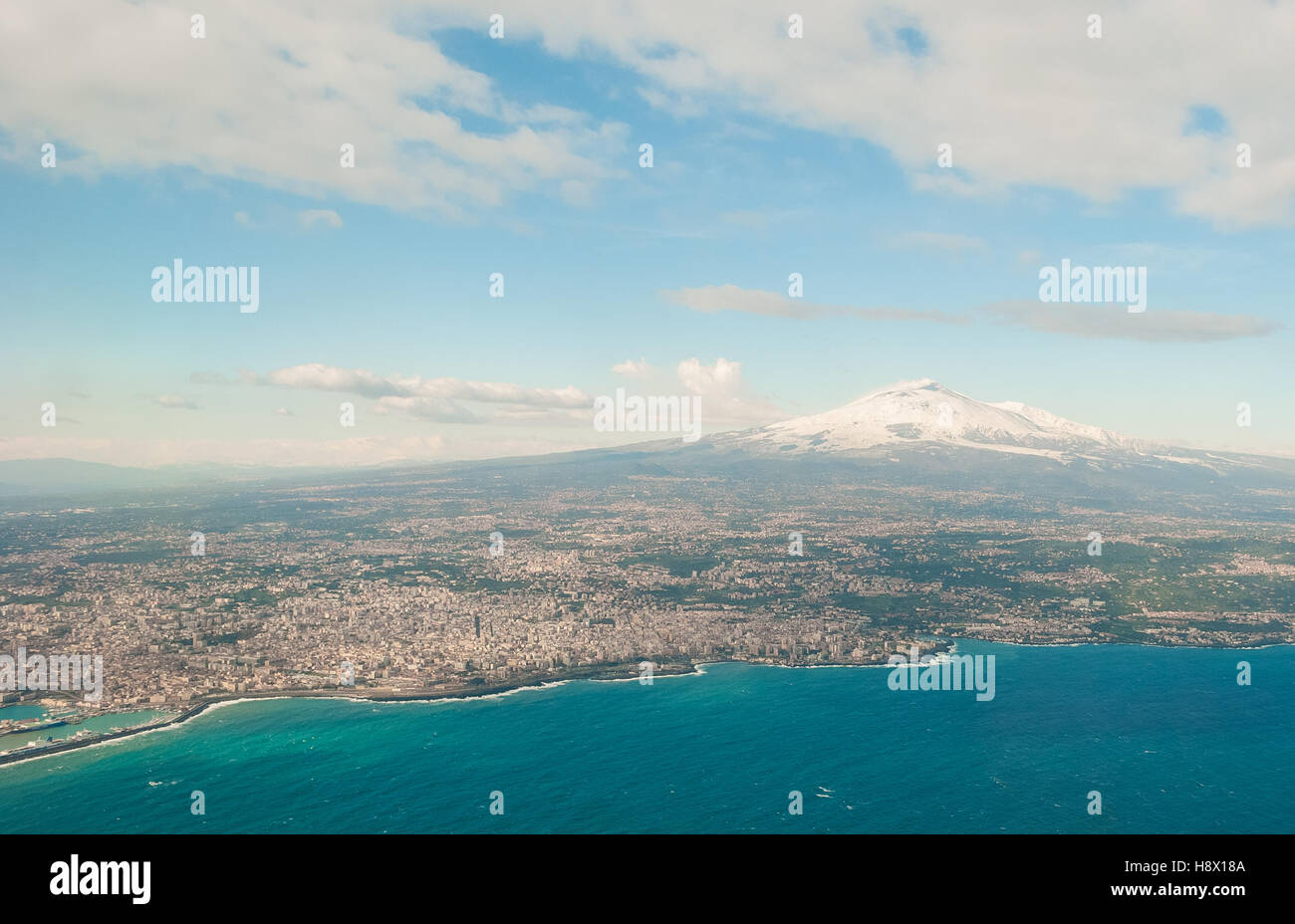 Aerial view of Catania and volcano Etna during the winter Stock Photo