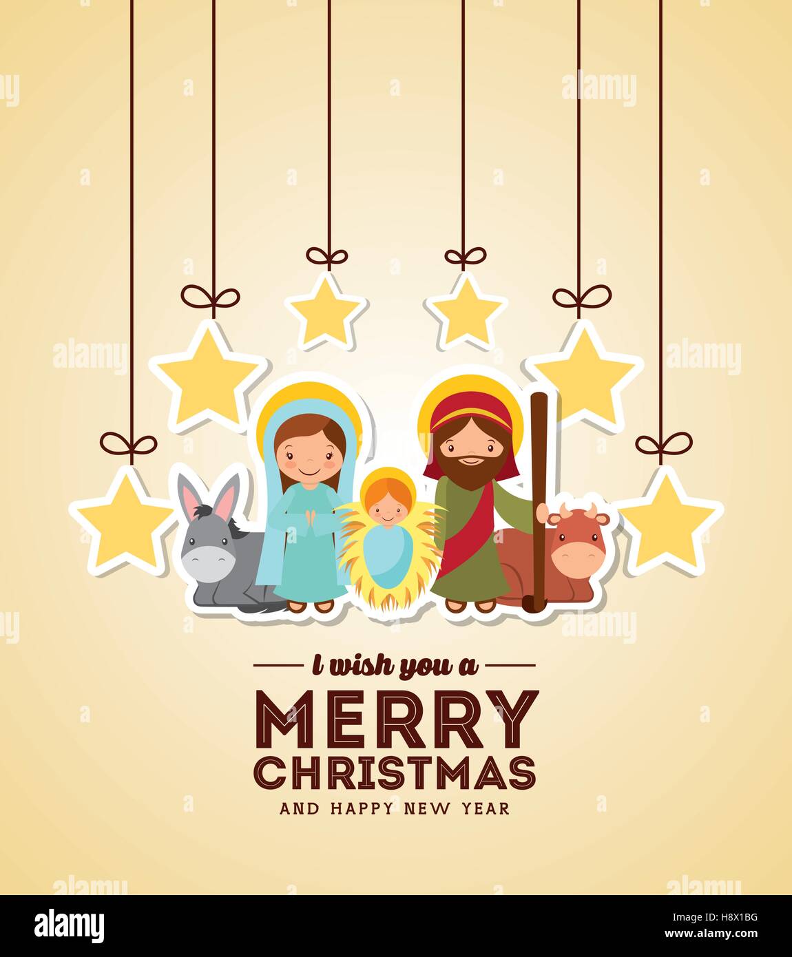 holy family manger scene with stars hanging merry christmas colorful design vector illustration