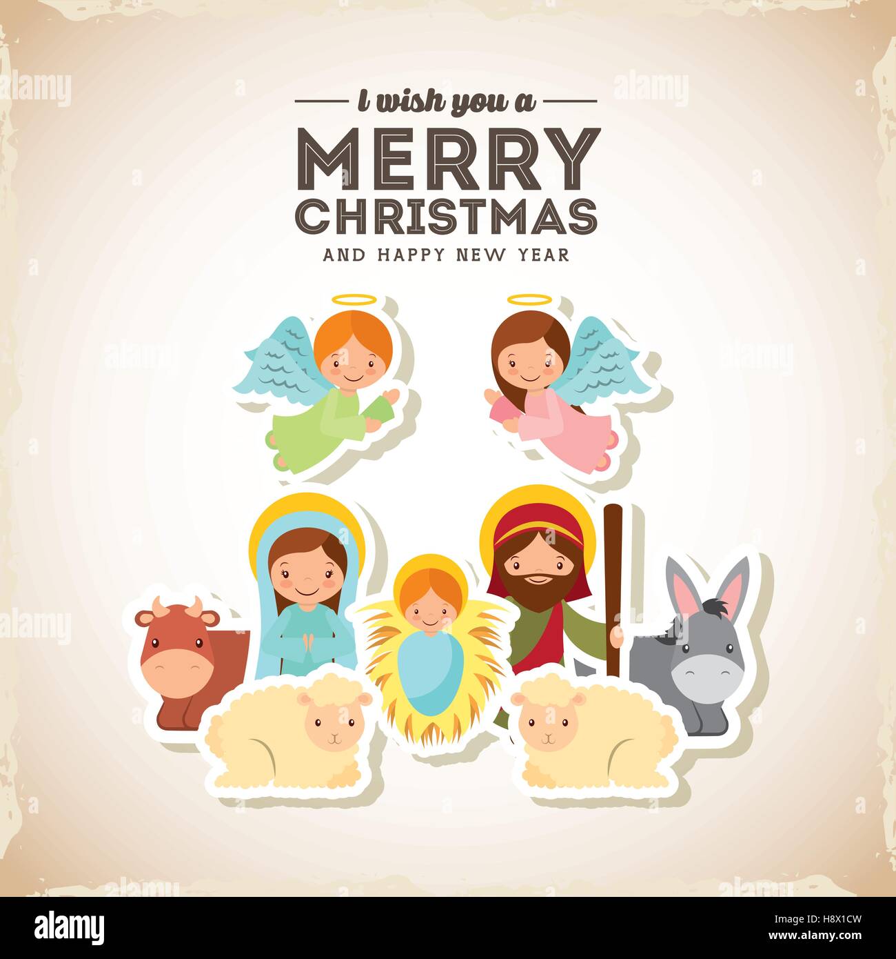 holy family manger scene merry christmas and happy new year card colorful design vector