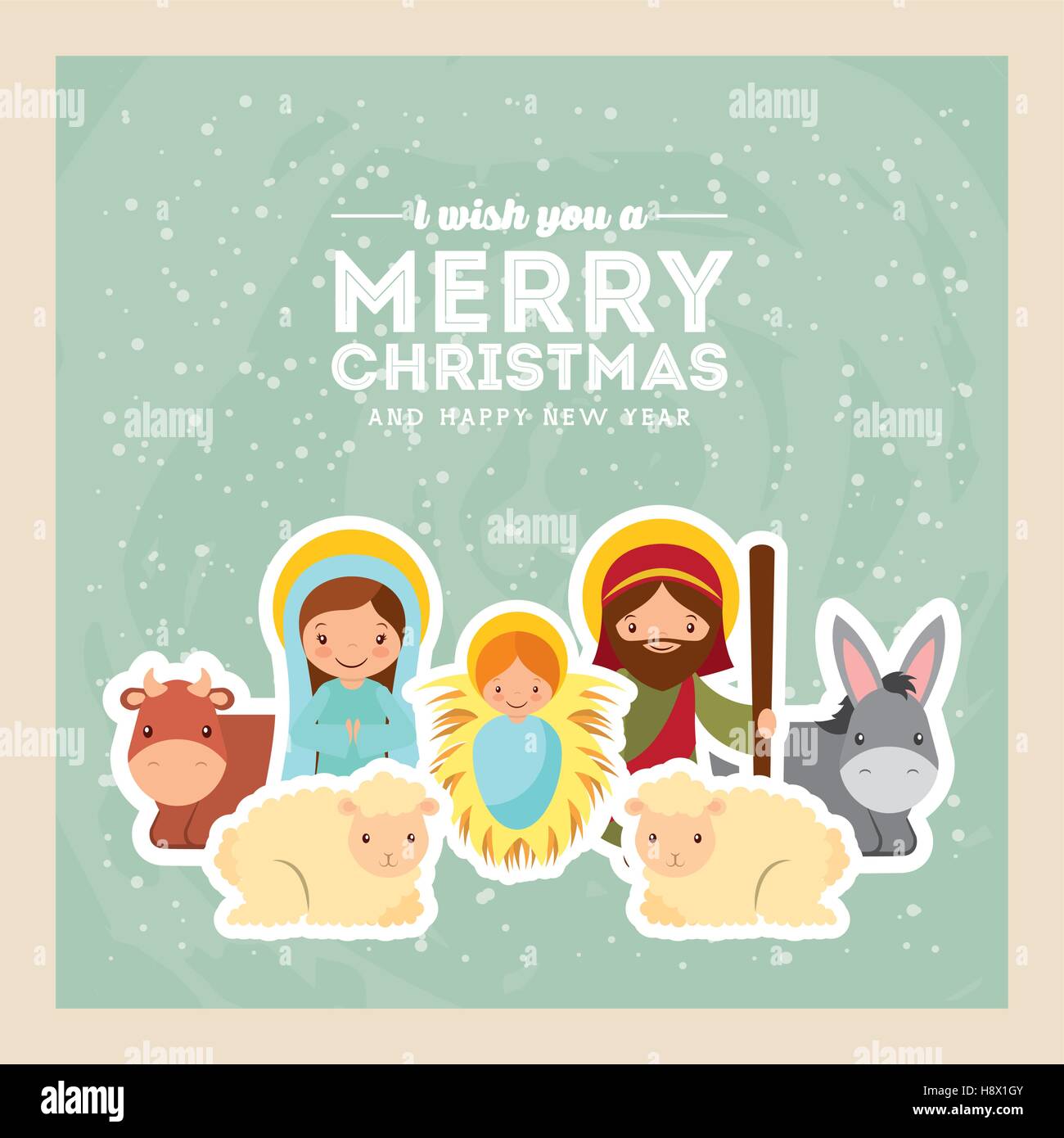 card of holy family manger scene with animals merry christmas and happy new year colorful