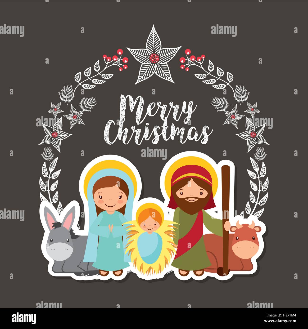 card of holy family manger scene merry christmas colorful design vector illustration Stock