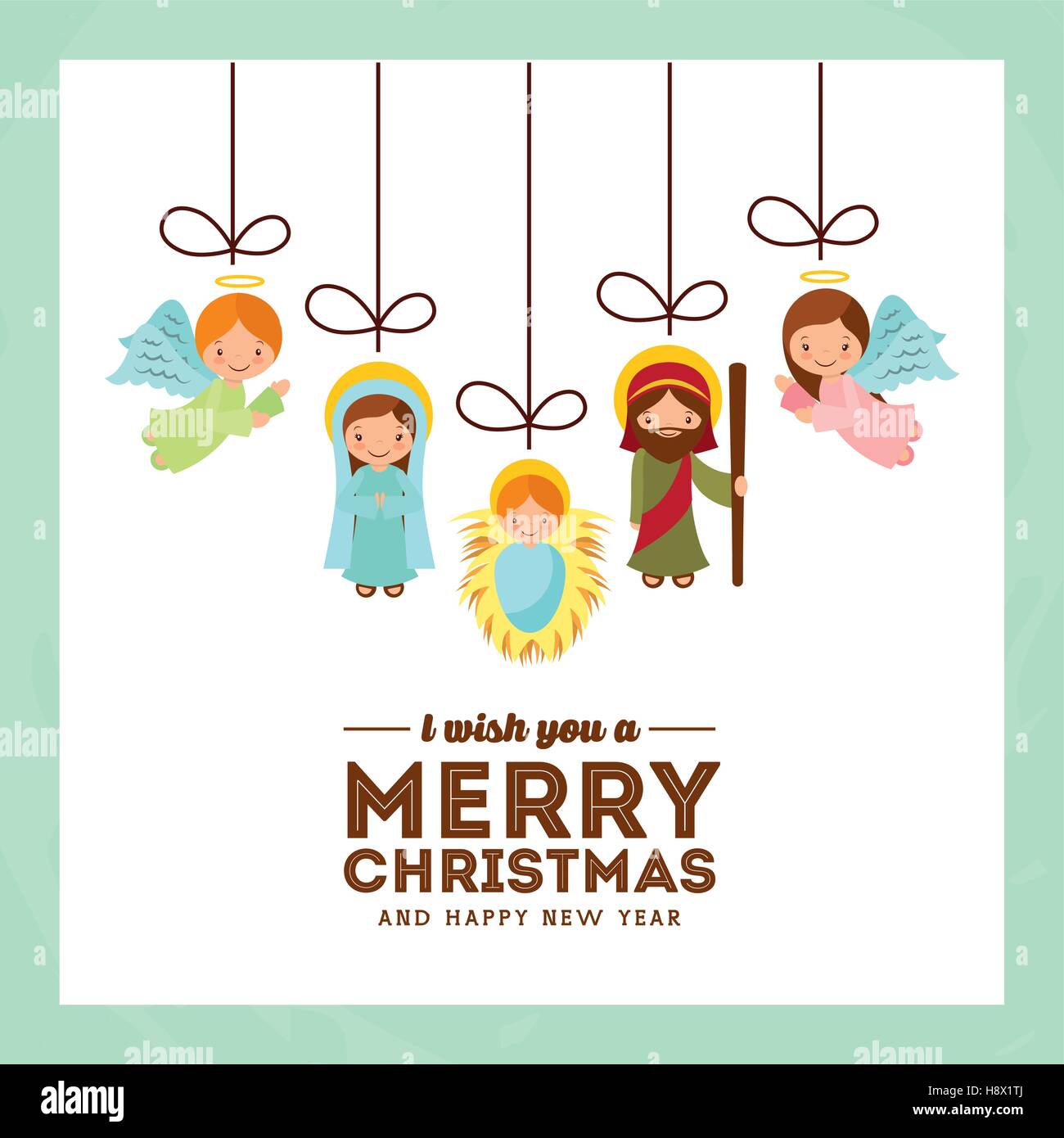 holy family manger scene merry christmas and happy new year card colorful design vector