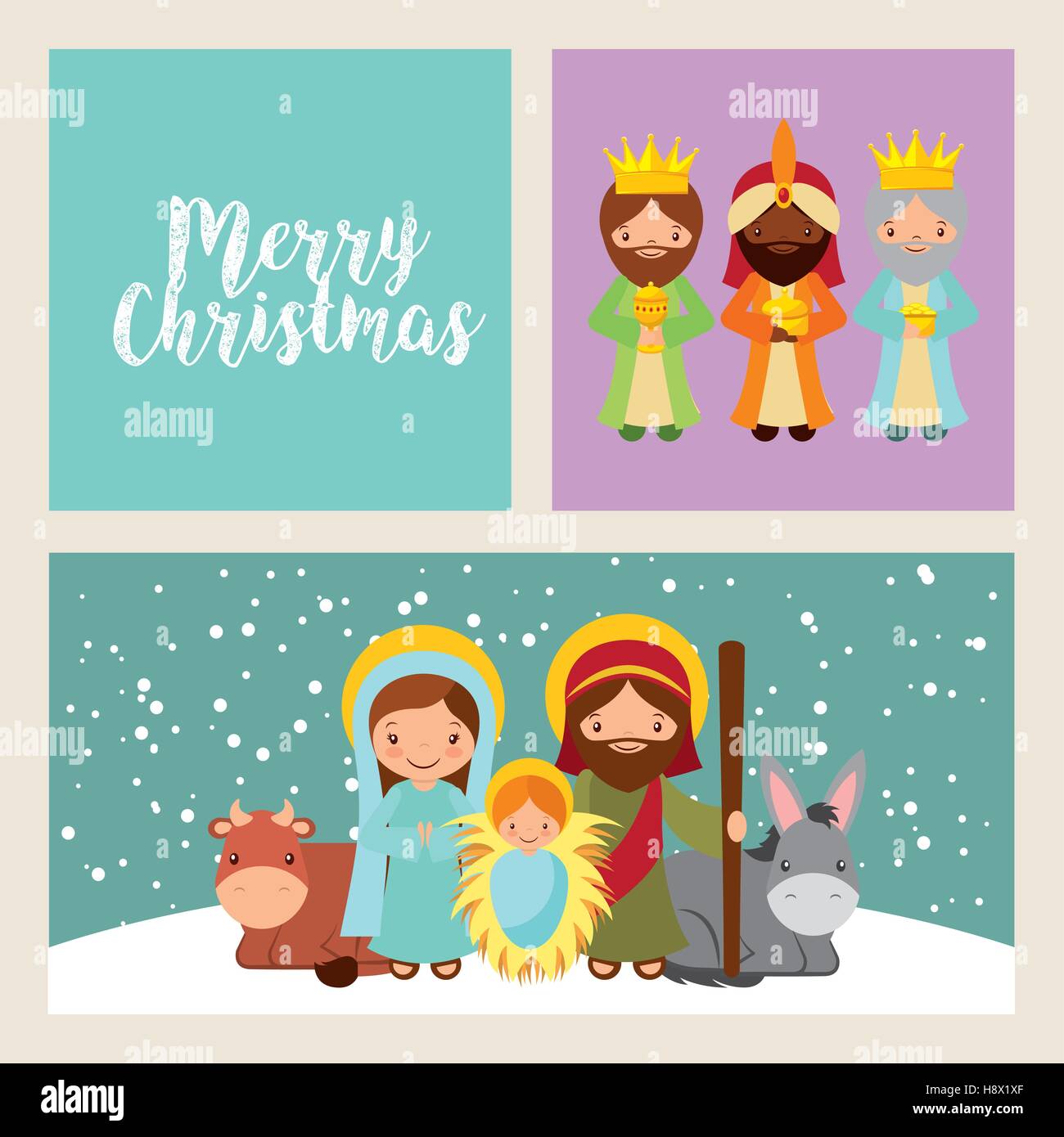 holy family manger scene merry christmas card colorful design vector illustration Stock Vector