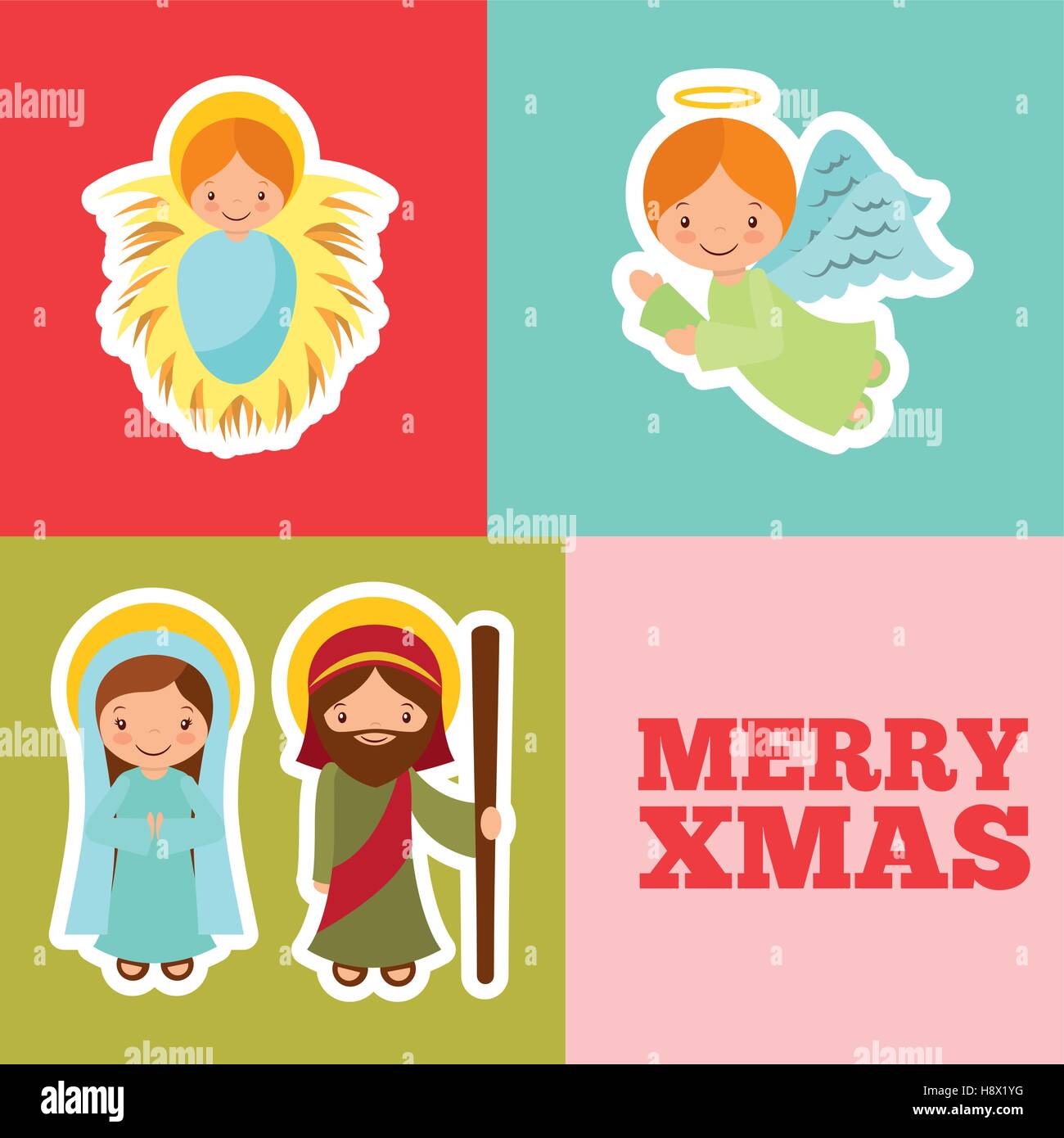holy family charactes and angel inside a colorful squares merry christmas card colorful design