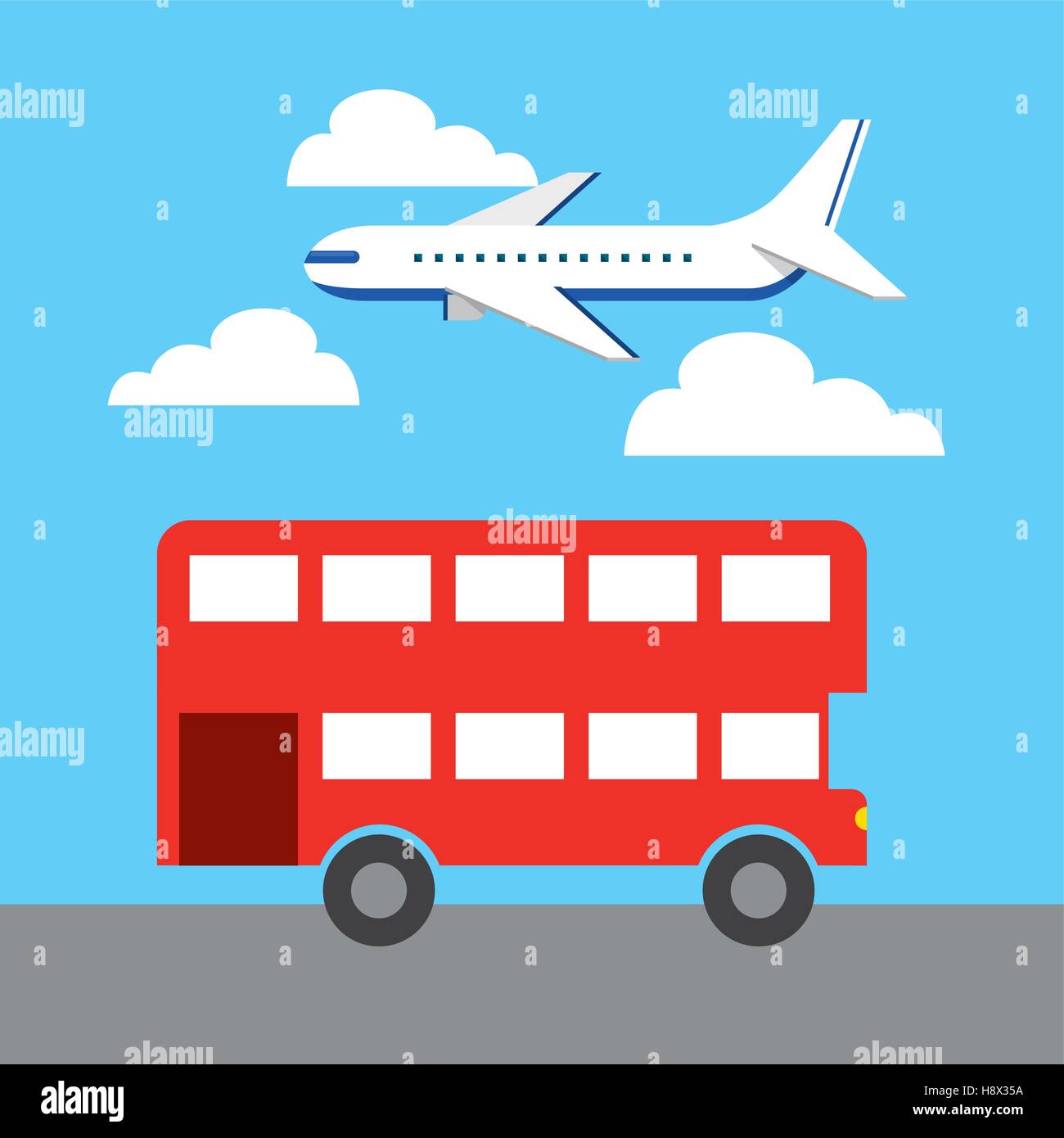 Airplane Flying In The Sky And Red Iconic Bus Of London City Stock Vector Image Art Alamy