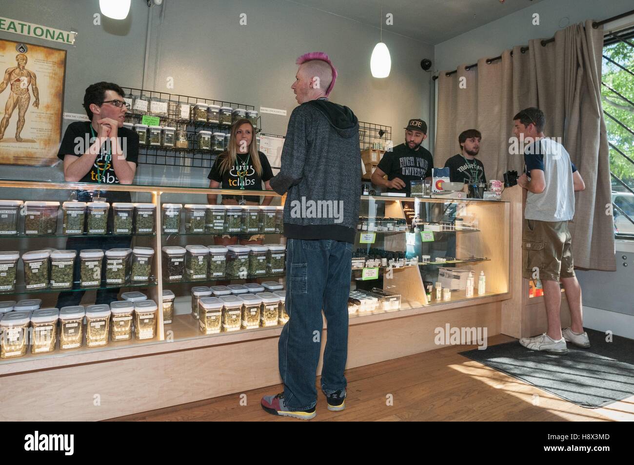 Selling medical and recreational marijuana at dispensary. Denver, CO, USA Stock Photo