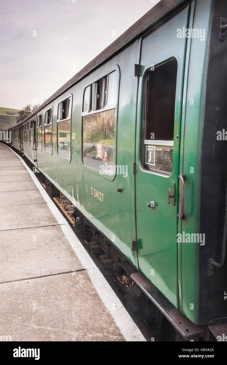 Old railway coaches on the Swanage Railway in Dorset. Stock Photo