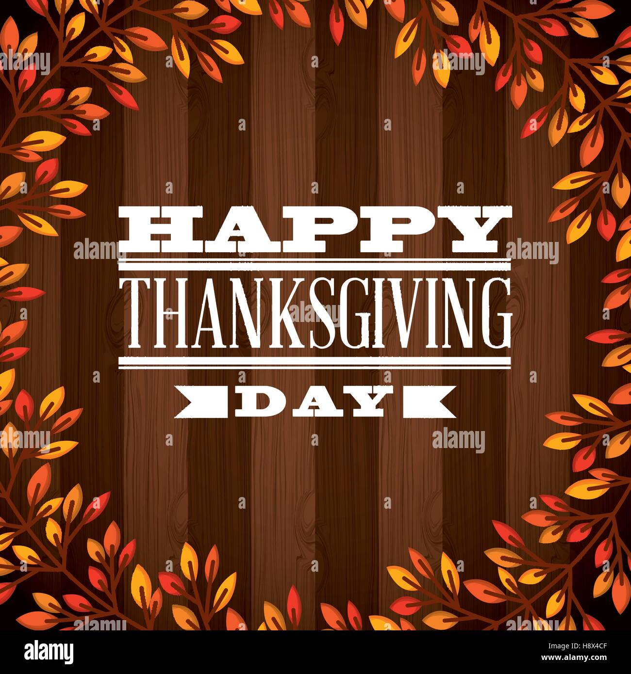happy thanksgiving card with leaves wreath over wooden background ...
