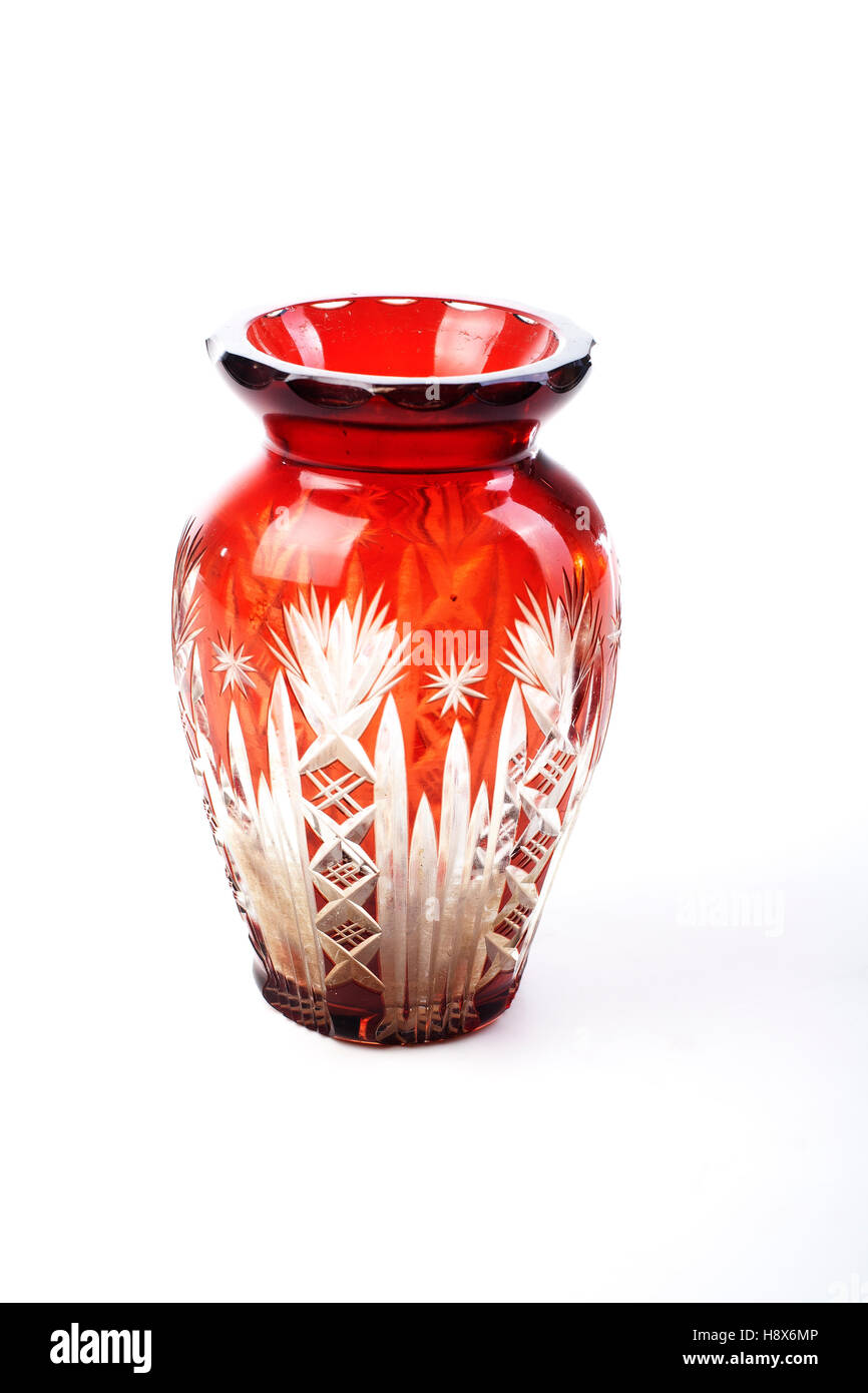 Expensive crystal vase. Red glass cystal vase in white isolated studio