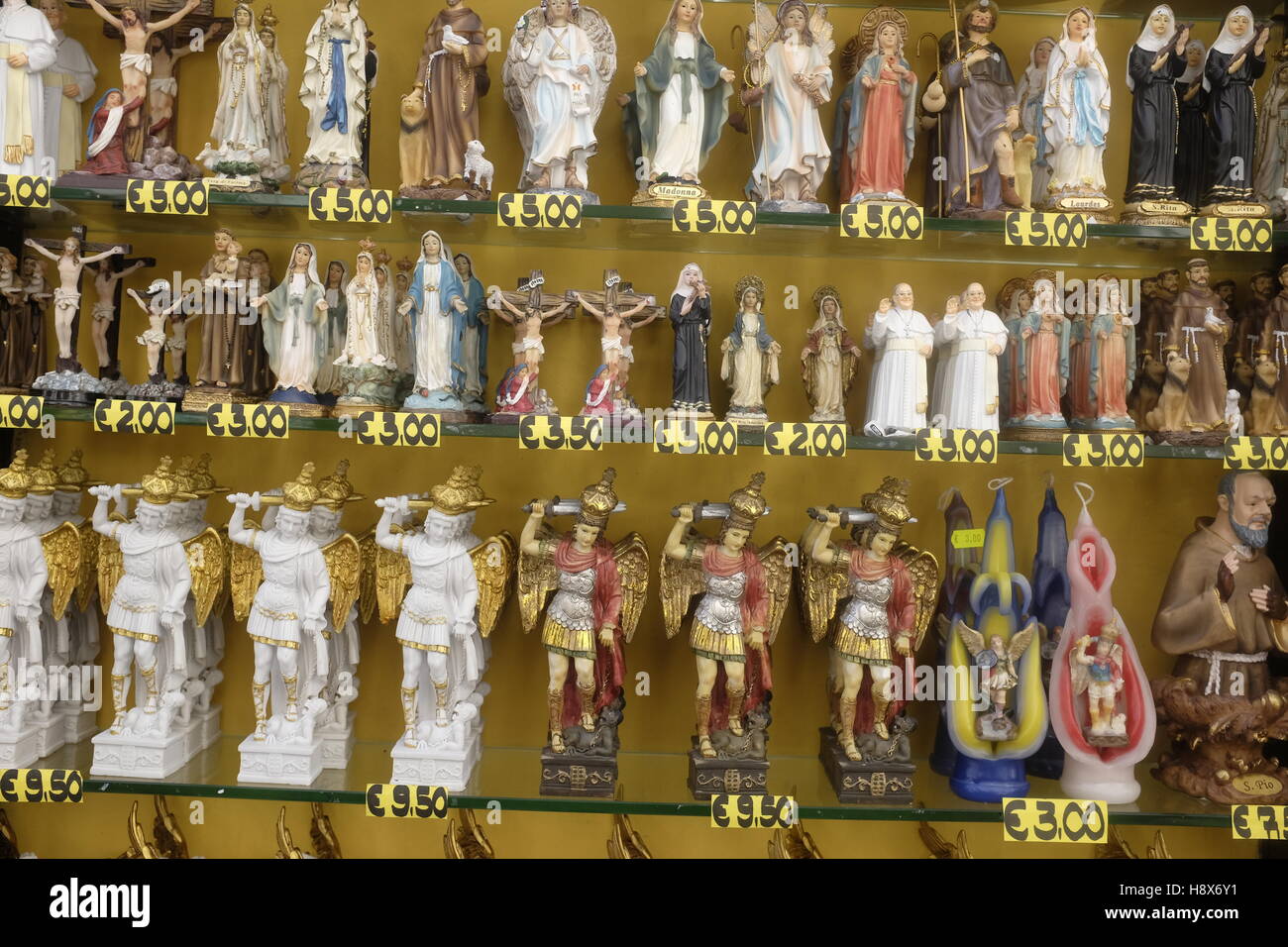 Statuettes on sale outside a shop in Monte Sant'Angelo, Puglia,Italy. Stock Photo