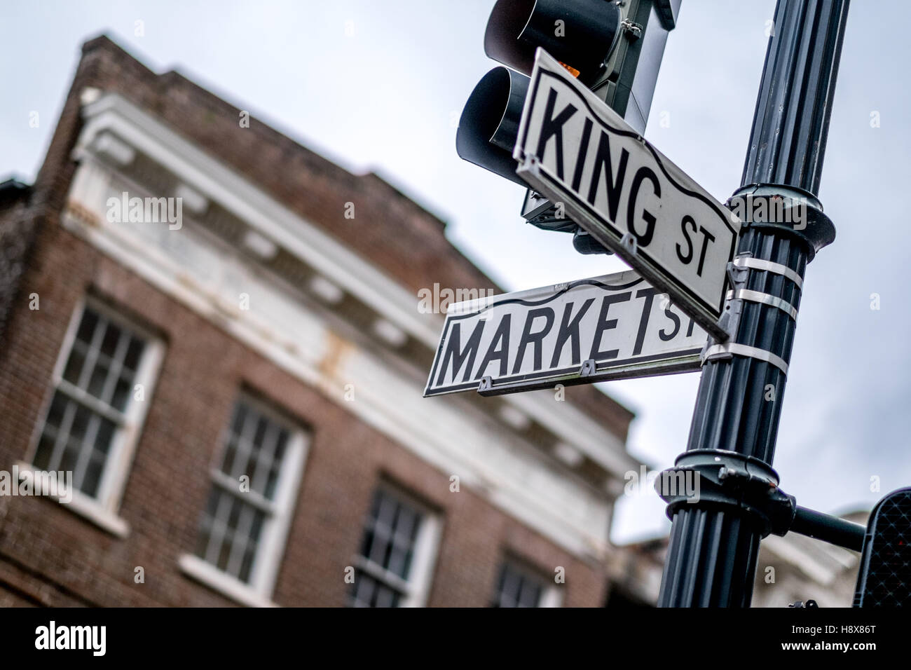 Charleston South Carolina street sign king market downtown city center battery rainbow row Stock