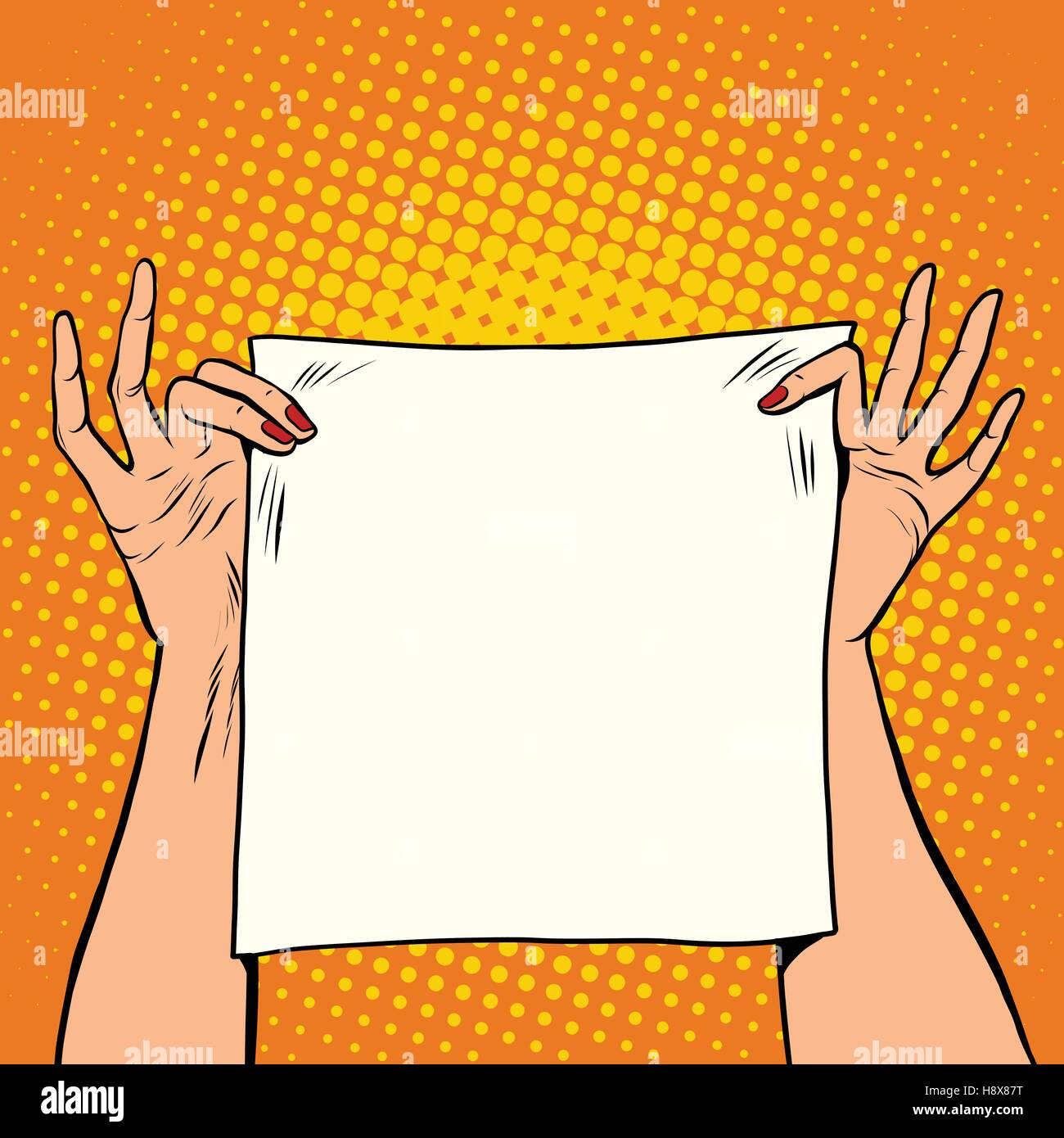 Female hands holding a white square banner Stock Vector
