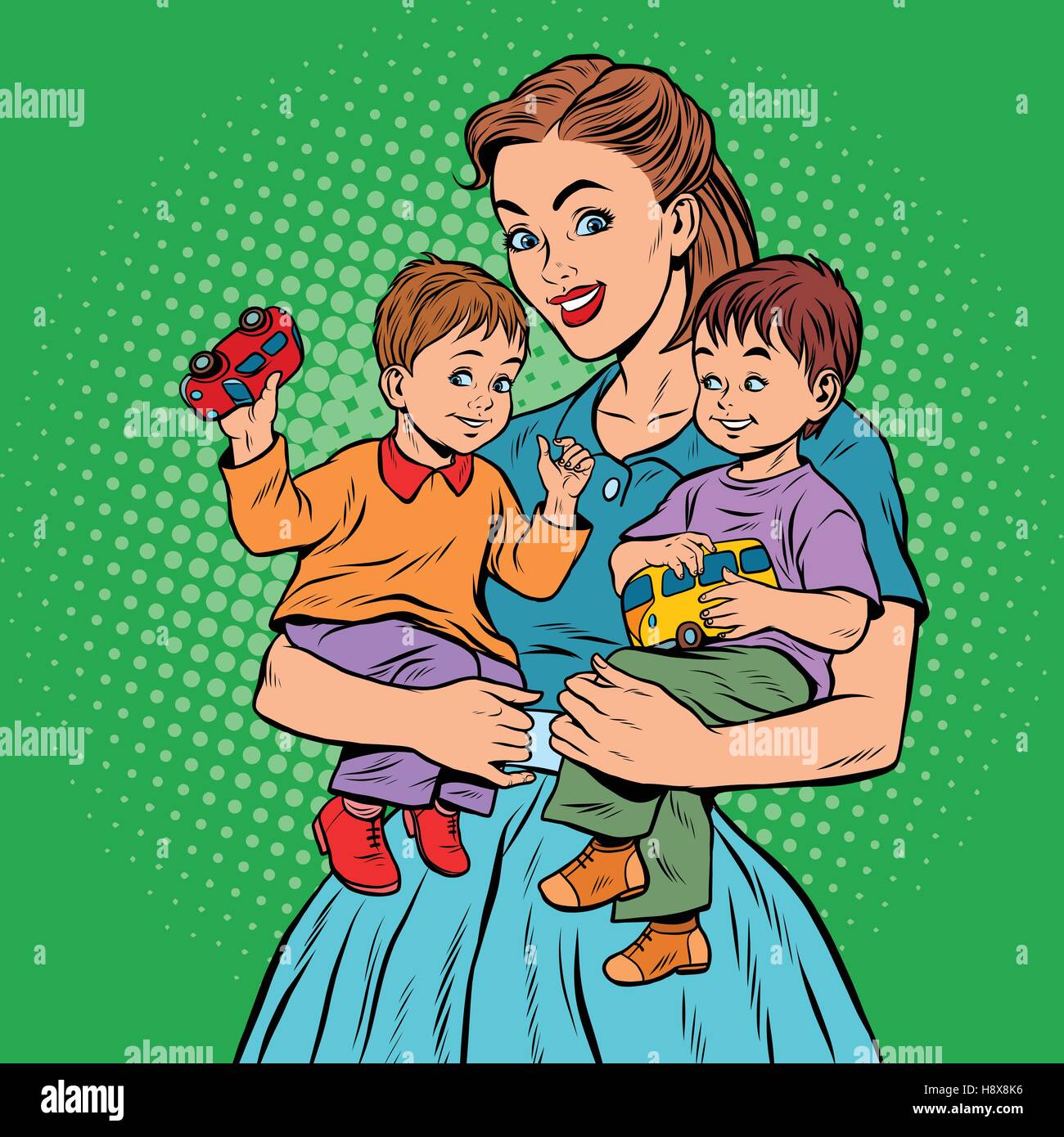 Vintage illustration mother two children Stock Vector Images - Alamy