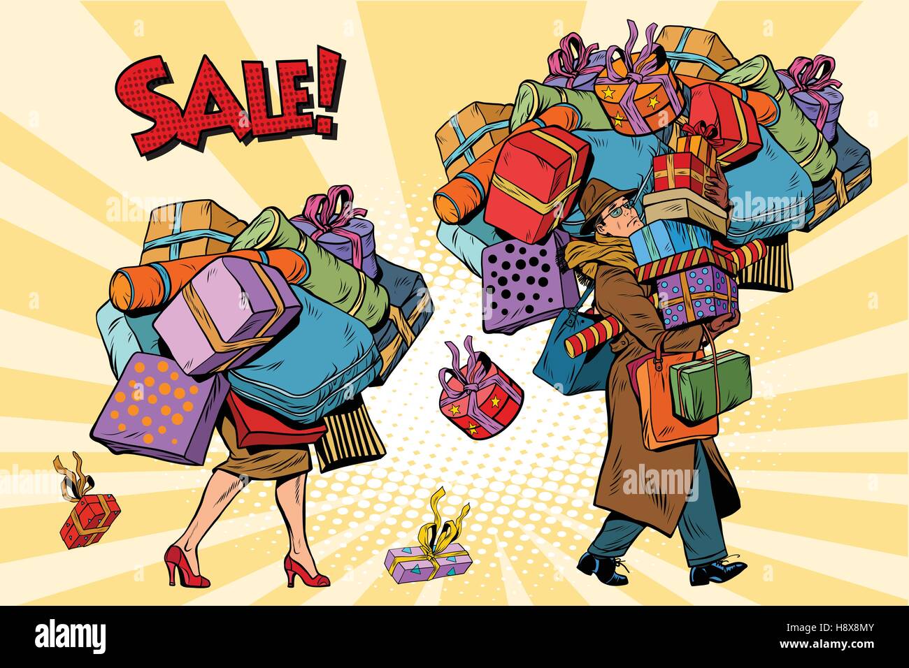 Holiday sales, a couple man and woman with shopping Stock Vector