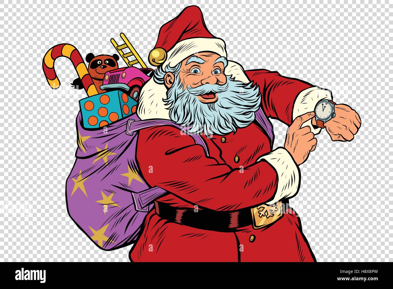 Santa Claus shows on the clock, New year and Christmas Stock Vector