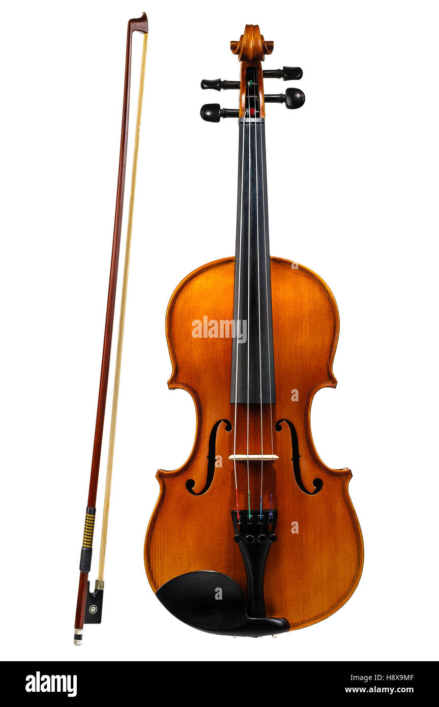 Violin with bow isolated on white background Stock Photo