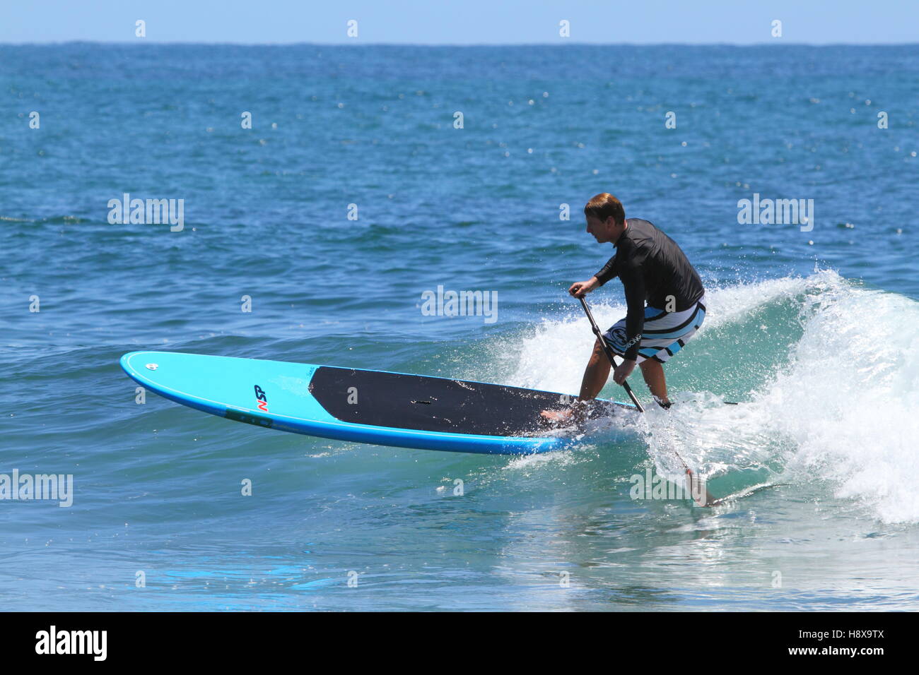 A man in his thirties surfing a stand up paddleboard (SUP) at Moffat Beach on the Sunshine Coast in Queensland, Australia. Stock Photo