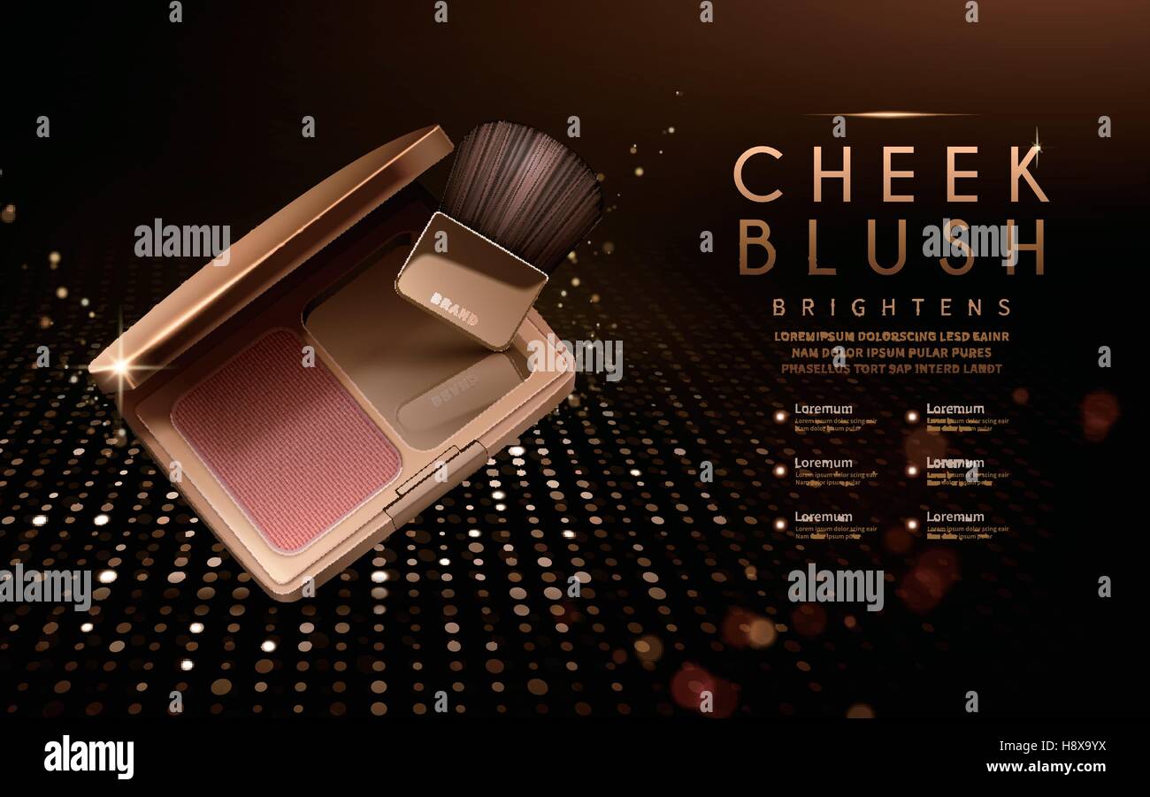 Modern cheek blush ads, blush with brush and glitter elements for
