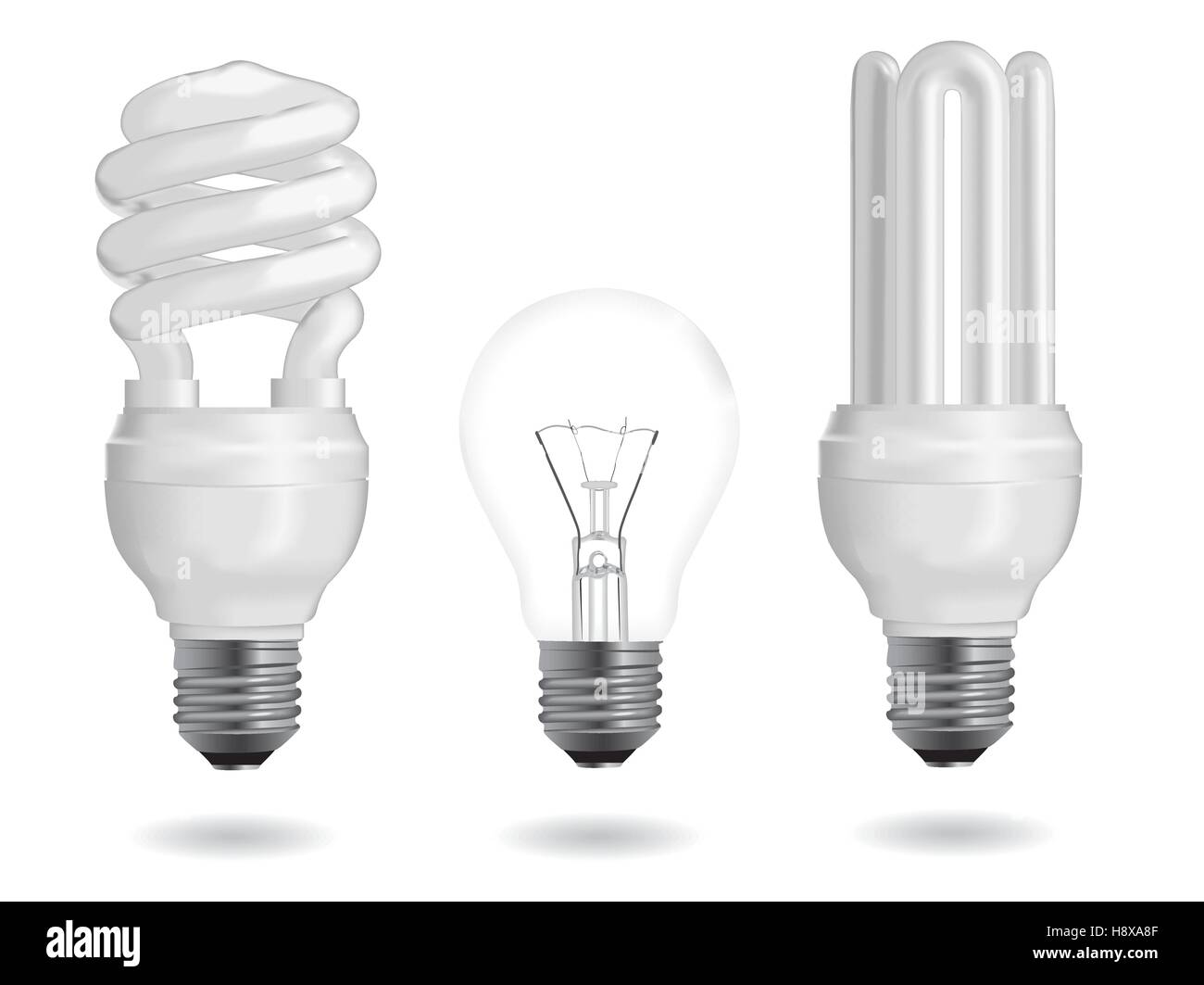 Incandescent and fluorescent energy efficiency light bulbs. Vector