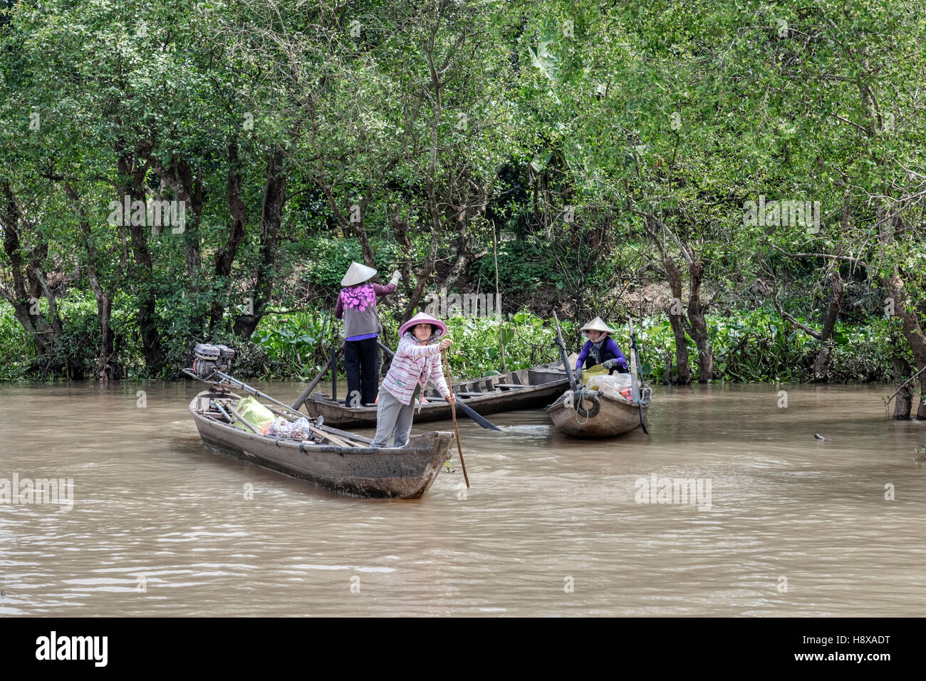 women rowing sampan boats on the Mekong River in Cai Be, Mekong Delta, Vietnam, Asia Stock Photo