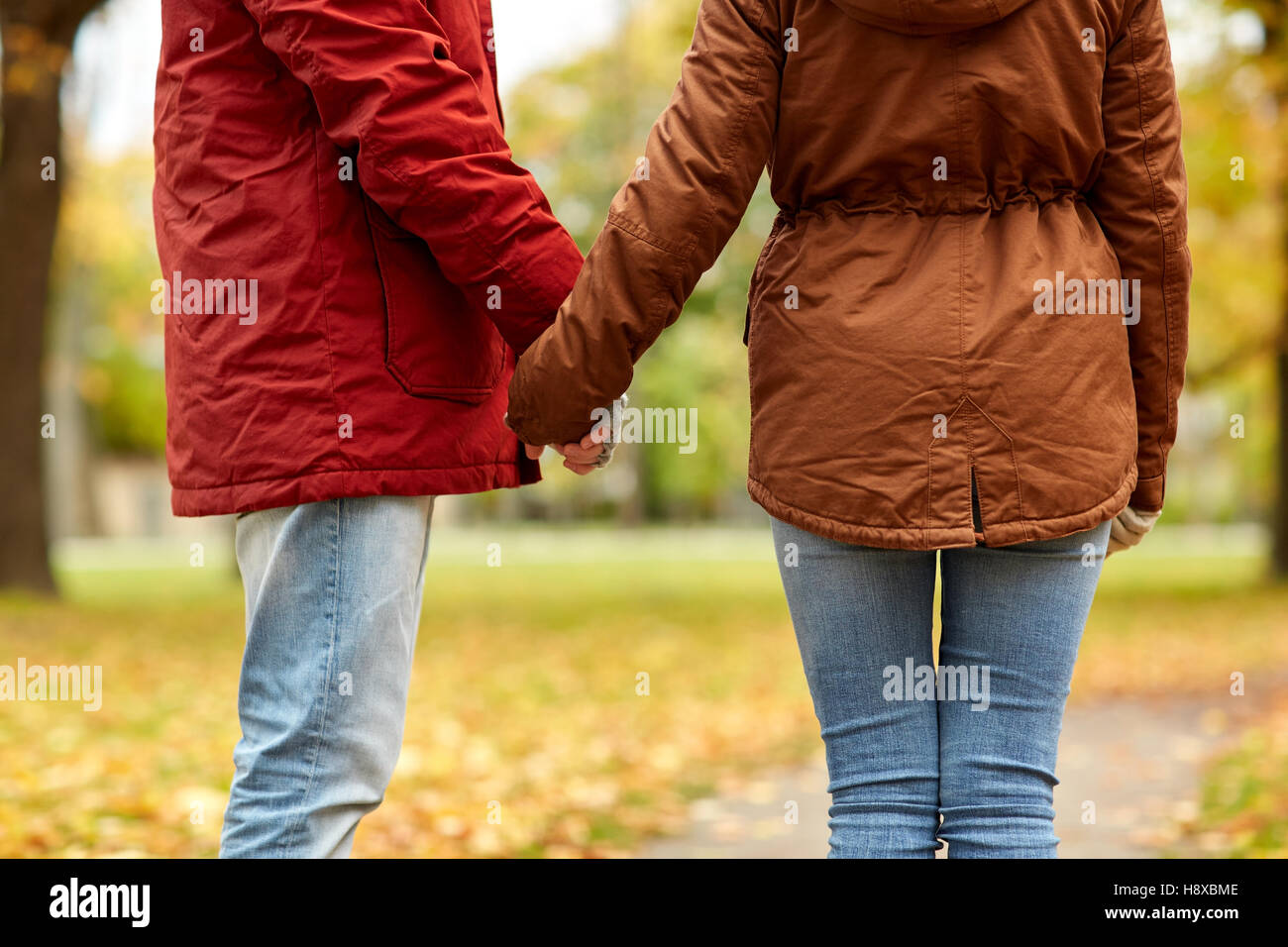 close up of couple holding hands in autumn park Stock Photo - Alamy