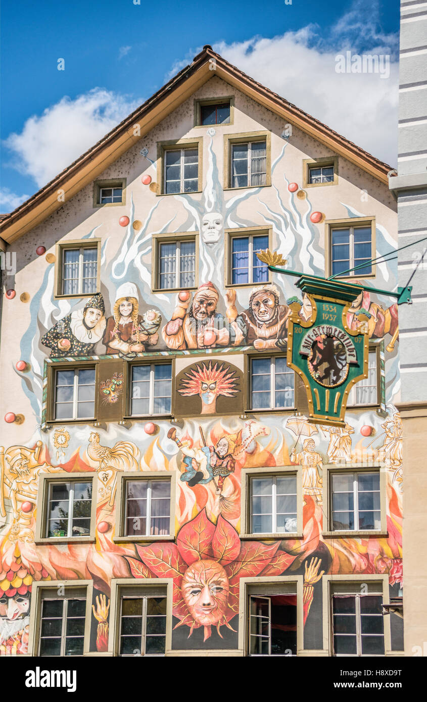 Colorful mural at the facade of the Fritschi-Restaurant in the old town of  Lucerne, Switzerland Stock Photo