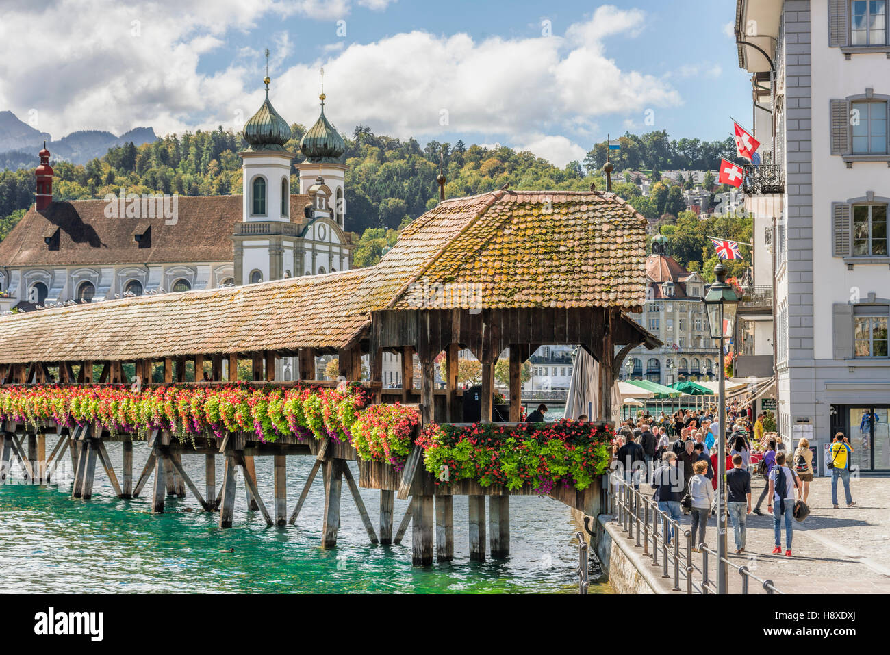 Historical Kapellbrücke, a landmark of Lucerne at Lake Lucerne, Switzerland Stock Photo