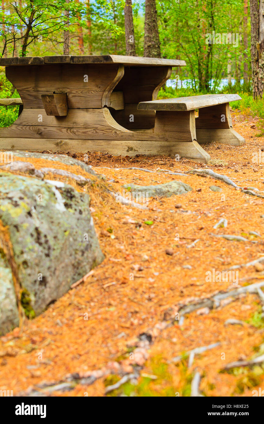 Picnic site wooden table and benches in norwegian forest park, Europe ...