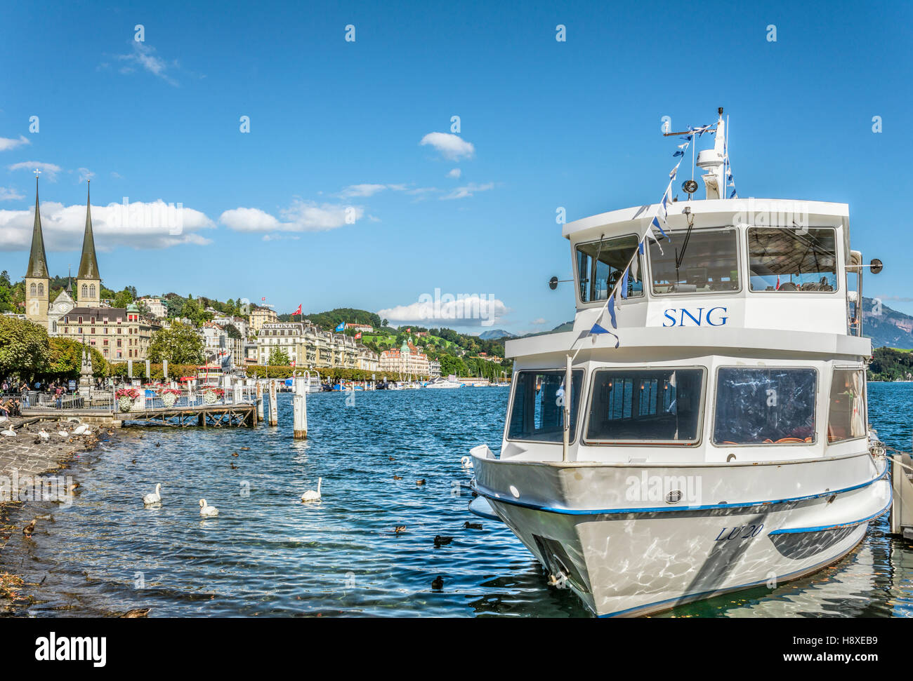 Sightseeing ship at Bahnhofsquai, Lake Lucerne, Lucerne, Switzerland Stock Photo