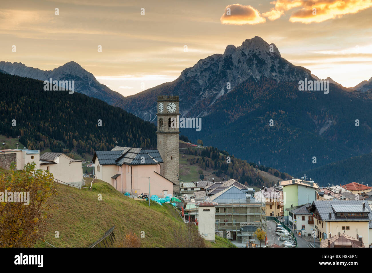 Autumn dawn in Danta di Cadore, Dolomites, Italy. Stock Photo